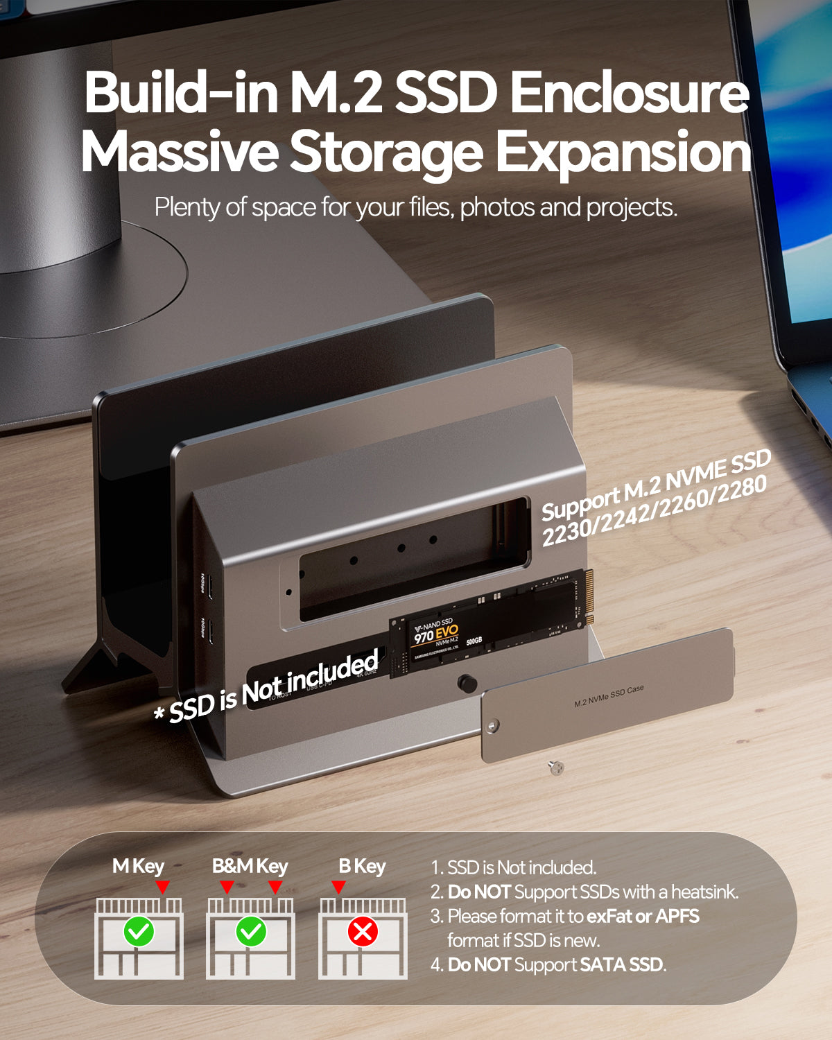 PULWTOP USB C docking station with vertical stand ( 11-in-1, HDMI, USB-C 10Gbps, M.2 NVME SSD case) Grey