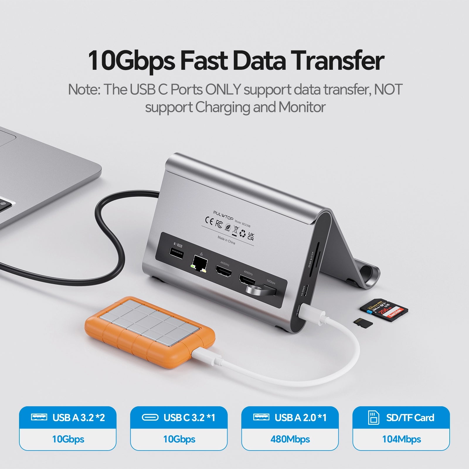 PULWTOP USB C Docking Staton Dual 4K@60Hz Monitor ( 2 HDMI, PD, Ethernet, USB A/C 10Gbps, Audio, SD/TF)