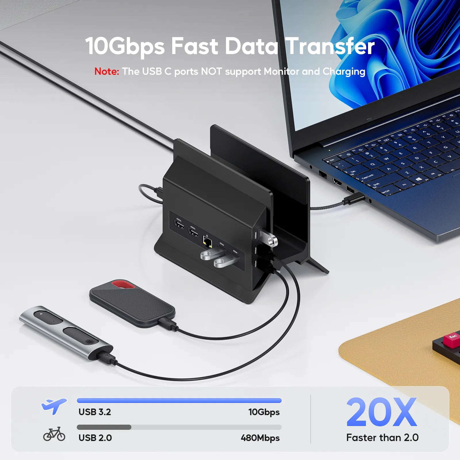 PULWTOP USB C Laptop Docking Station Dual Monitor, 11 in 1 Vertical Dock with 2 HDMI 4K, 3 USB A/C 10Gbps, 2USB-A 5Gbps, USB A 2.0, Ethernet, Docking Station Stand for Type-C Laptops - Black