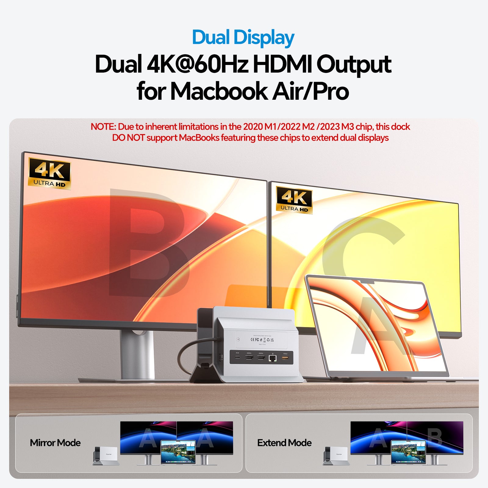 MacBook Docking Station Dual Monitor with 2 HDMI 4K@60Hz, USB A/C 10Gbps, Vertical Dock Stand for MacBook Pro Air M3 M4