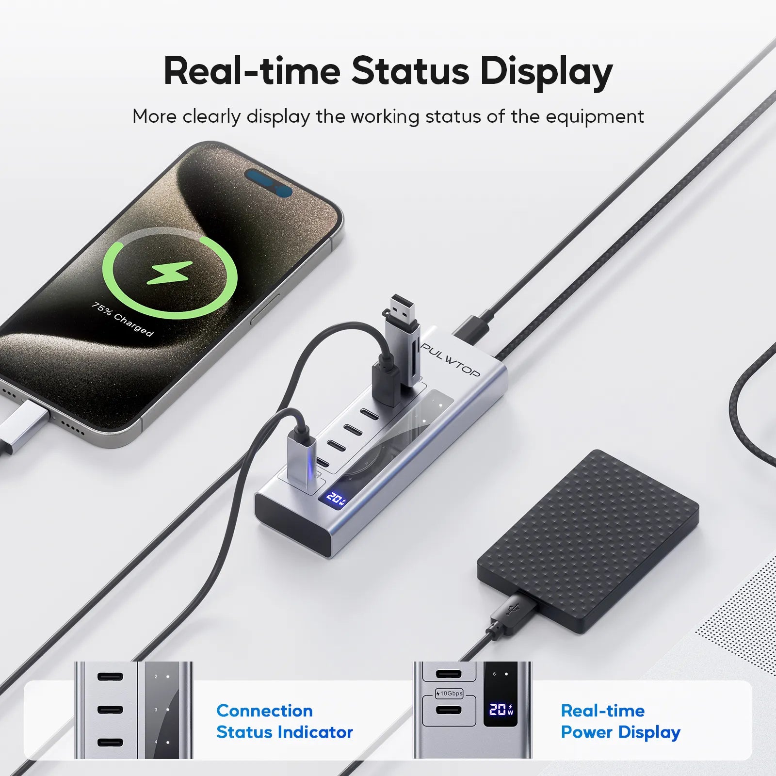 PULWTOP 7 in 1 USB C to USB C Hub Support Data 10Gbps & Charging(Not Support Video)