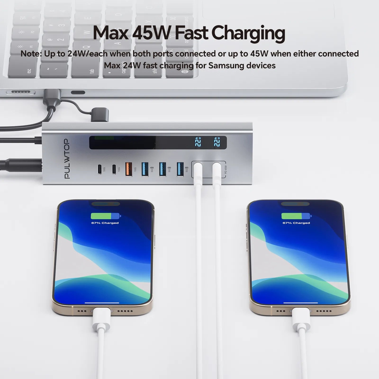 PULWTOP Powered USB C Hub, PULWTOP 11-in-1 USB Hub with SD/TF, 2*USB-C 10Gbps, 4*USB-A 5/10Gbps and 2 * 24/45W Type-C PD Charging Ports (Not Support Video), USB Powered Hub (72W DC Adapter Included)
