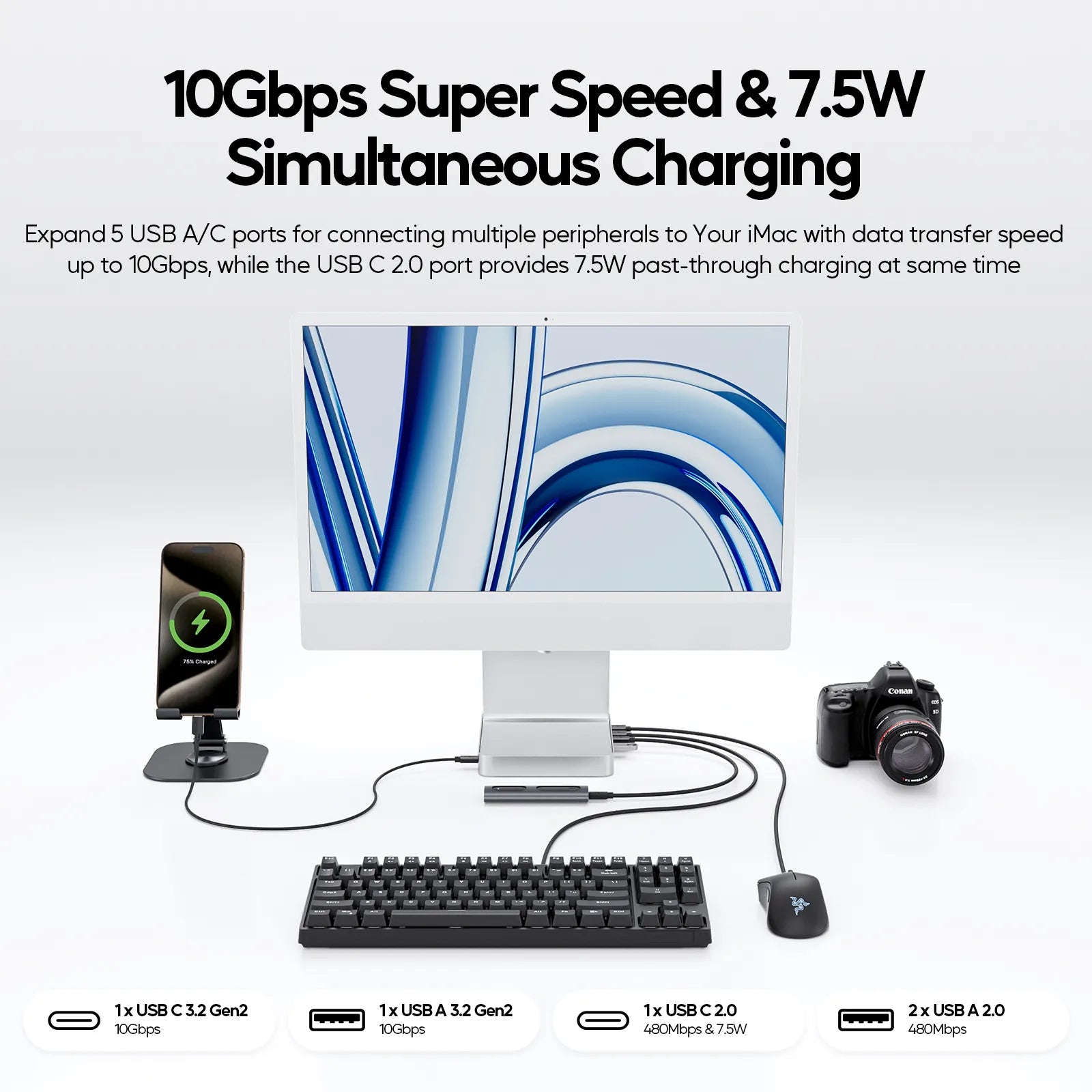PULWTOP USB C Docking Station For iMac 24" M1/M3/M4 ( 11-in-1, M.2 SSD case, Silver)