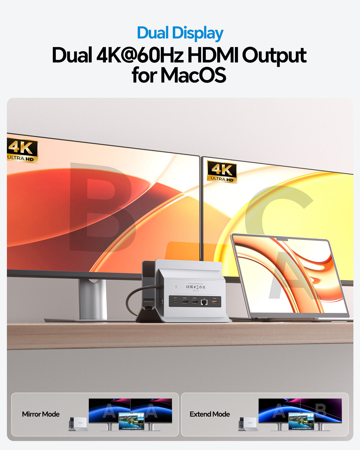 MacBook Docking Station Dual Monitor with 2 HDMI 4K@60Hz, USB A/C 10Gbps, Vertical Dock Stand for MacBook Pro Air M3 M4