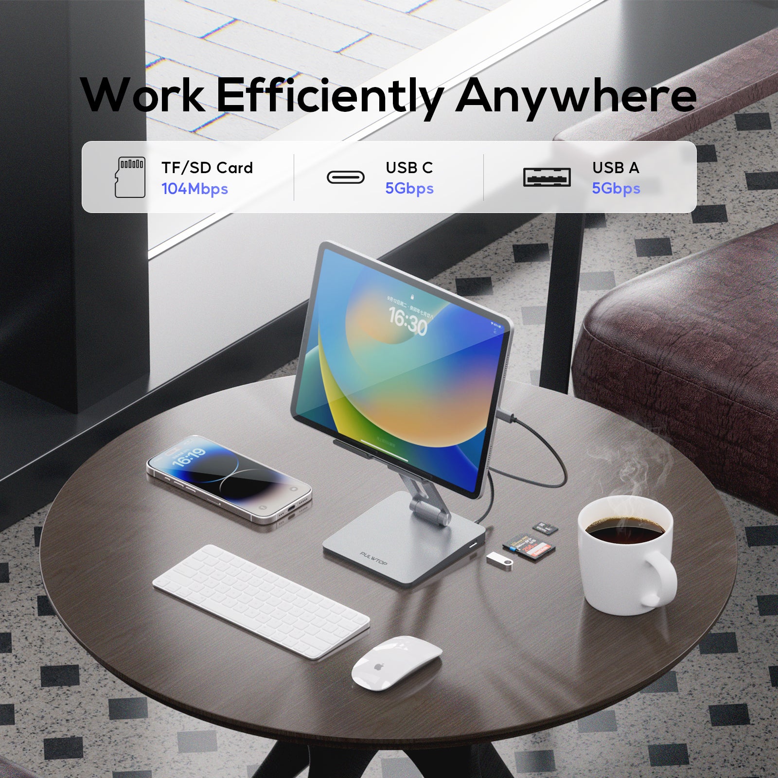 PULWTOP 6-in-1 USB-C-Hub mit faltbarem Tablet-Halter, geeignet für Pad/Pro/Surface/Huawei und andere USB-C-Tablets
