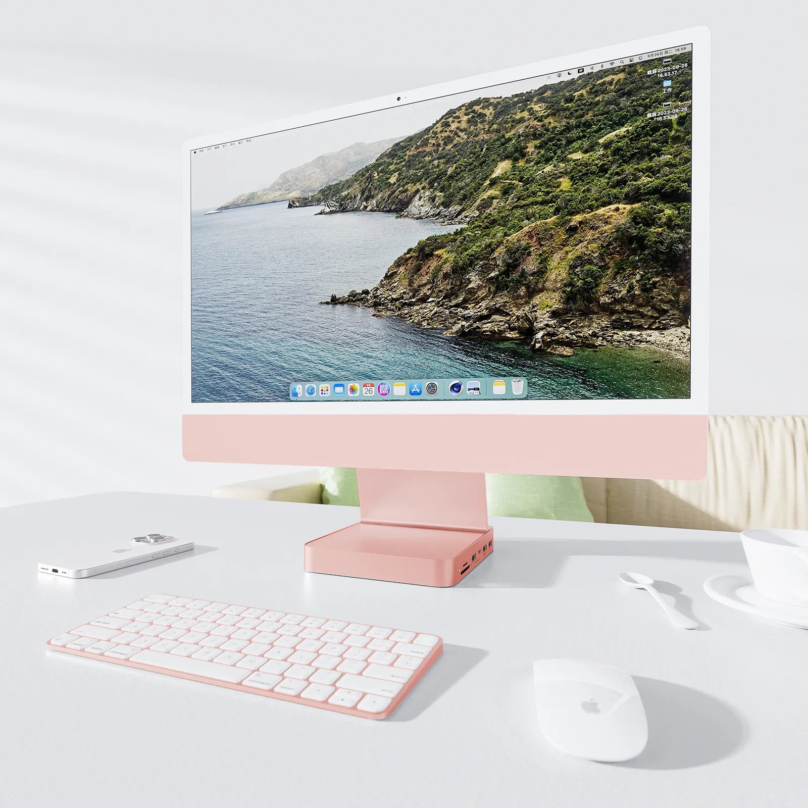 PULWTOP USB C Hub For iMac 24" M1/M3/M4 ( 7-in-1, M.2 SSD case, Pink)