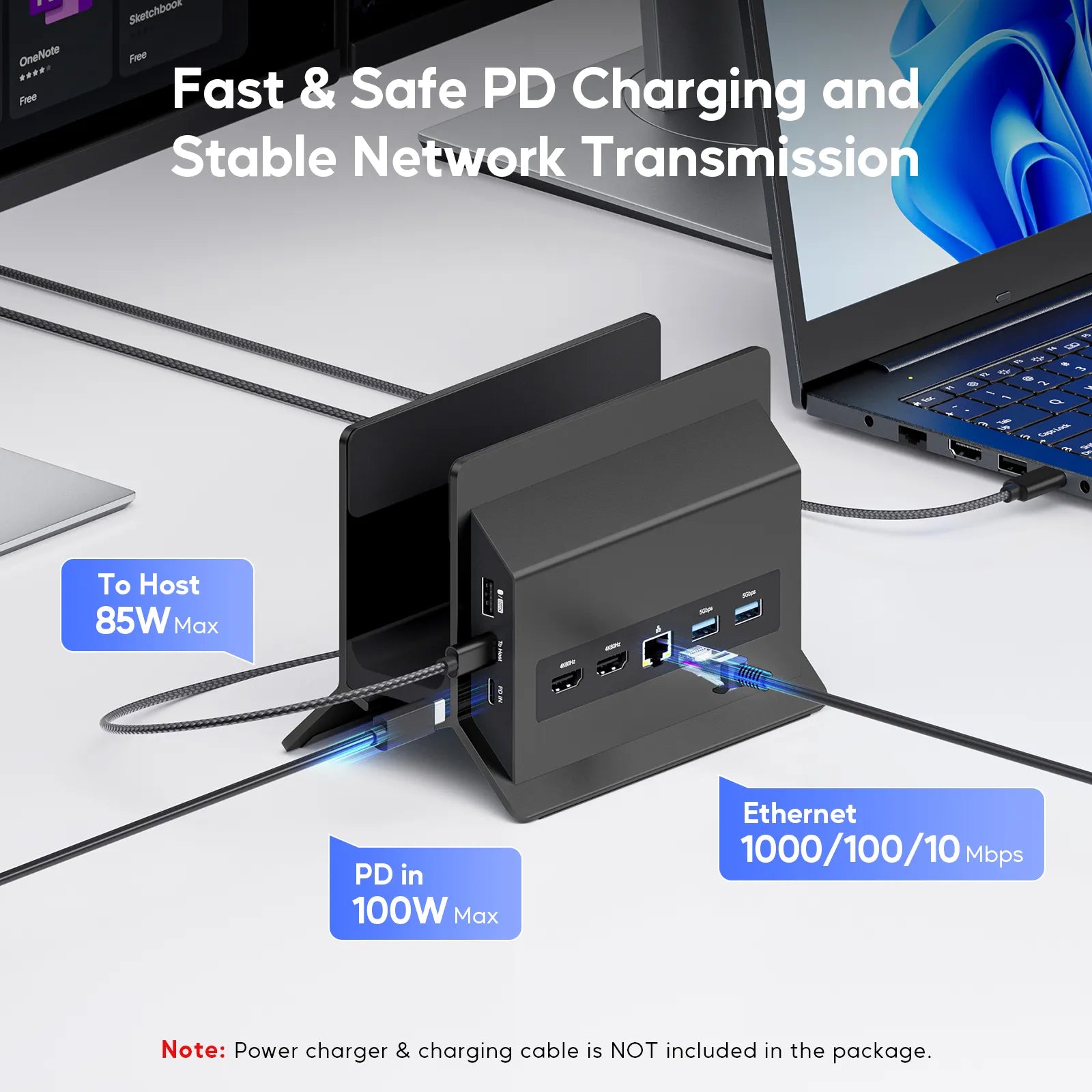 PULWTOP USB C Laptop Docking Station Dual Monitor, 11 in 1 Vertical Dock with 2 HDMI 4K, 3 USB A/C 10Gbps, 2USB-A 5Gbps, USB A 2.0, Ethernet, Docking Station Stand for Type-C Laptops - Black