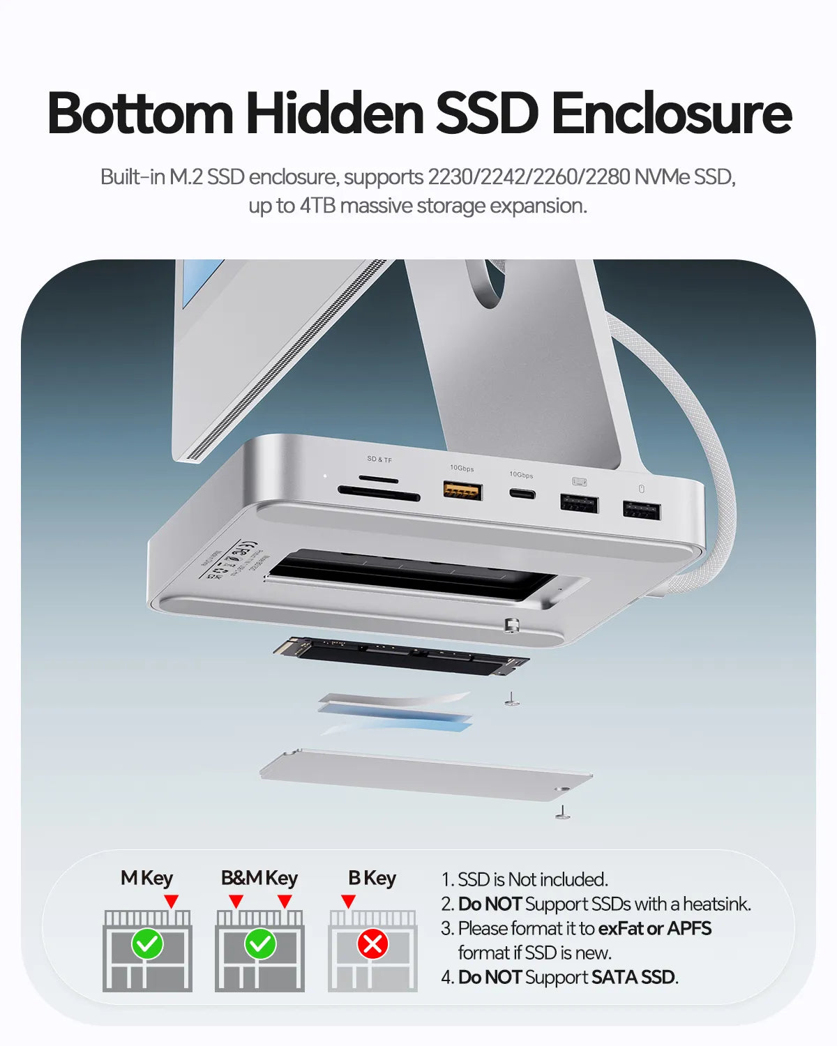 PULWTOP USB C Docking Station For iMac 24" M1/M3/M4 ( 11-in-1, M.2 SSD case, Silver)