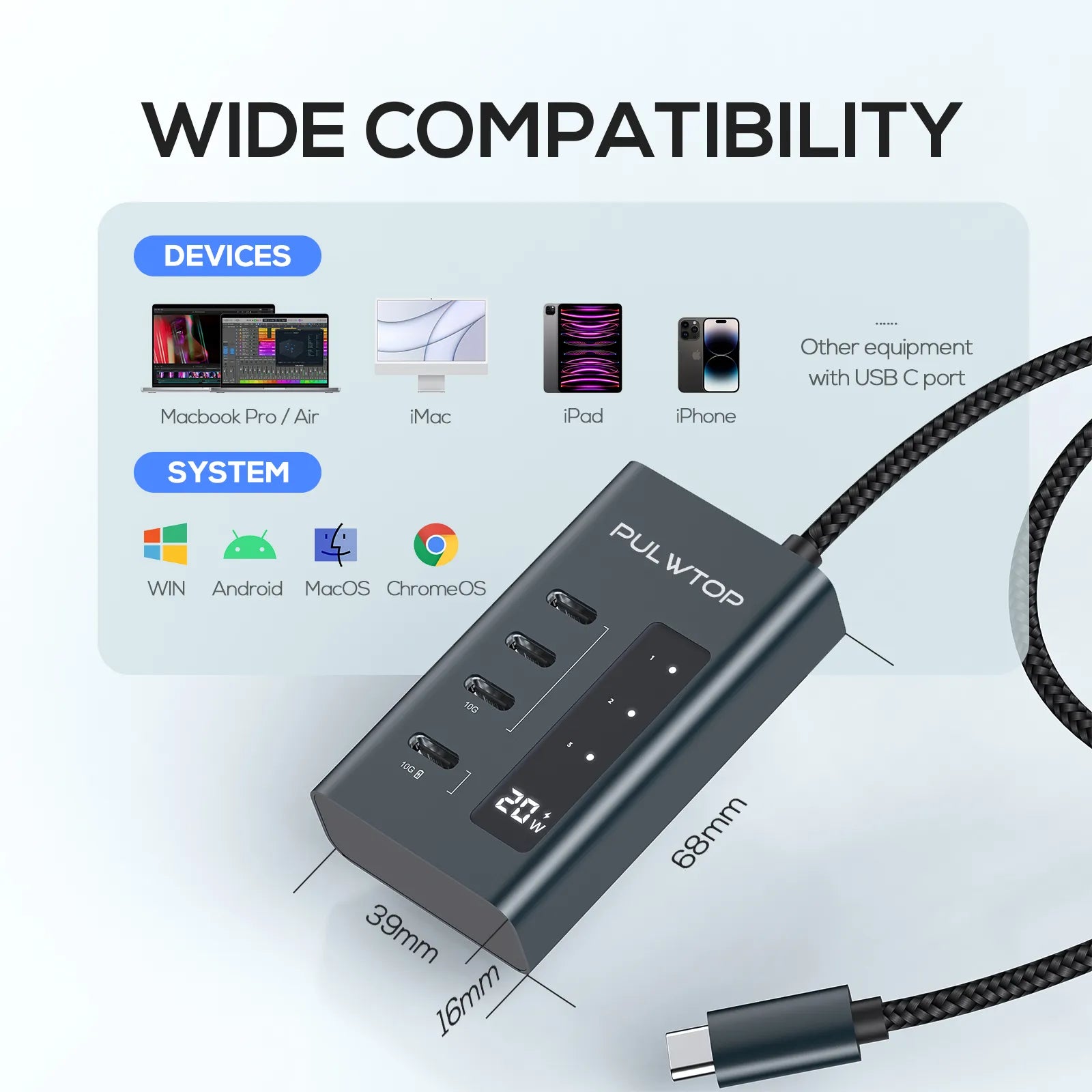 PULWTOP USB C Hub for Laptops, 4-in-1 10Gbps USB C supports data and charging (not video), works with iMac, MacBook Pro/Air, iPad, XPS
