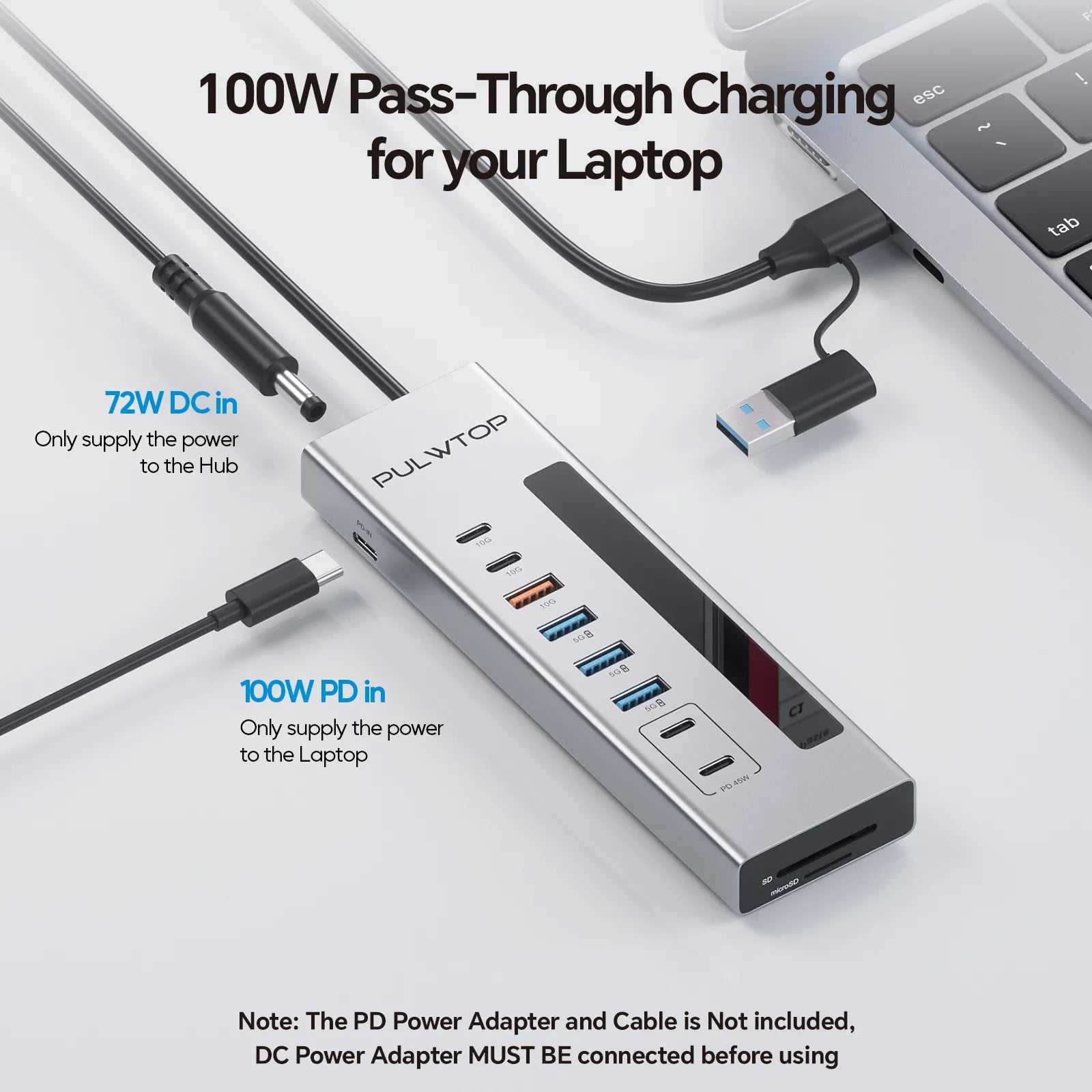 PULWTOP Powered USB C Hub, PULWTOP 11-in-1 USB Hub with SD/TF, 2*USB-C 10Gbps, 4*USB-A 5/10Gbps and 2 * 24/45W Type-C PD Charging Ports (Not Support Video), USB Powered Hub (72W DC Adapter Included)