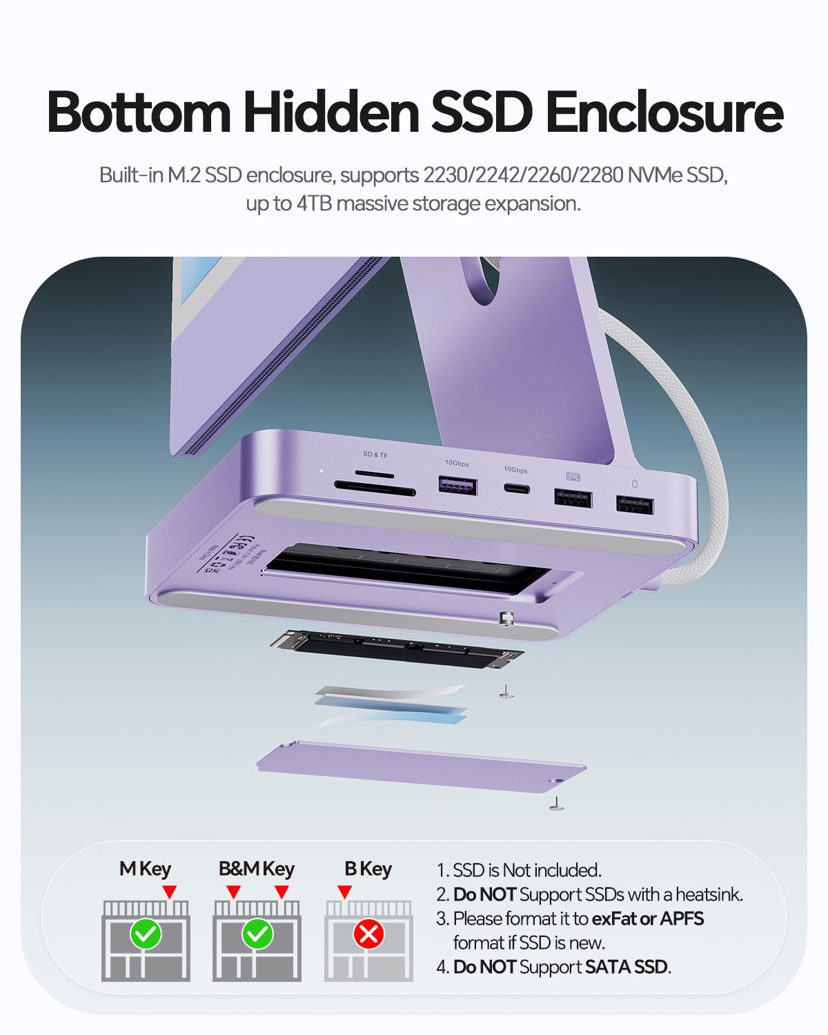 PULWTOP Upgraded 11-in-2 USB C Hub for iMac 24 Inch(HDMI, USB A/C, SSD Slot) Purple