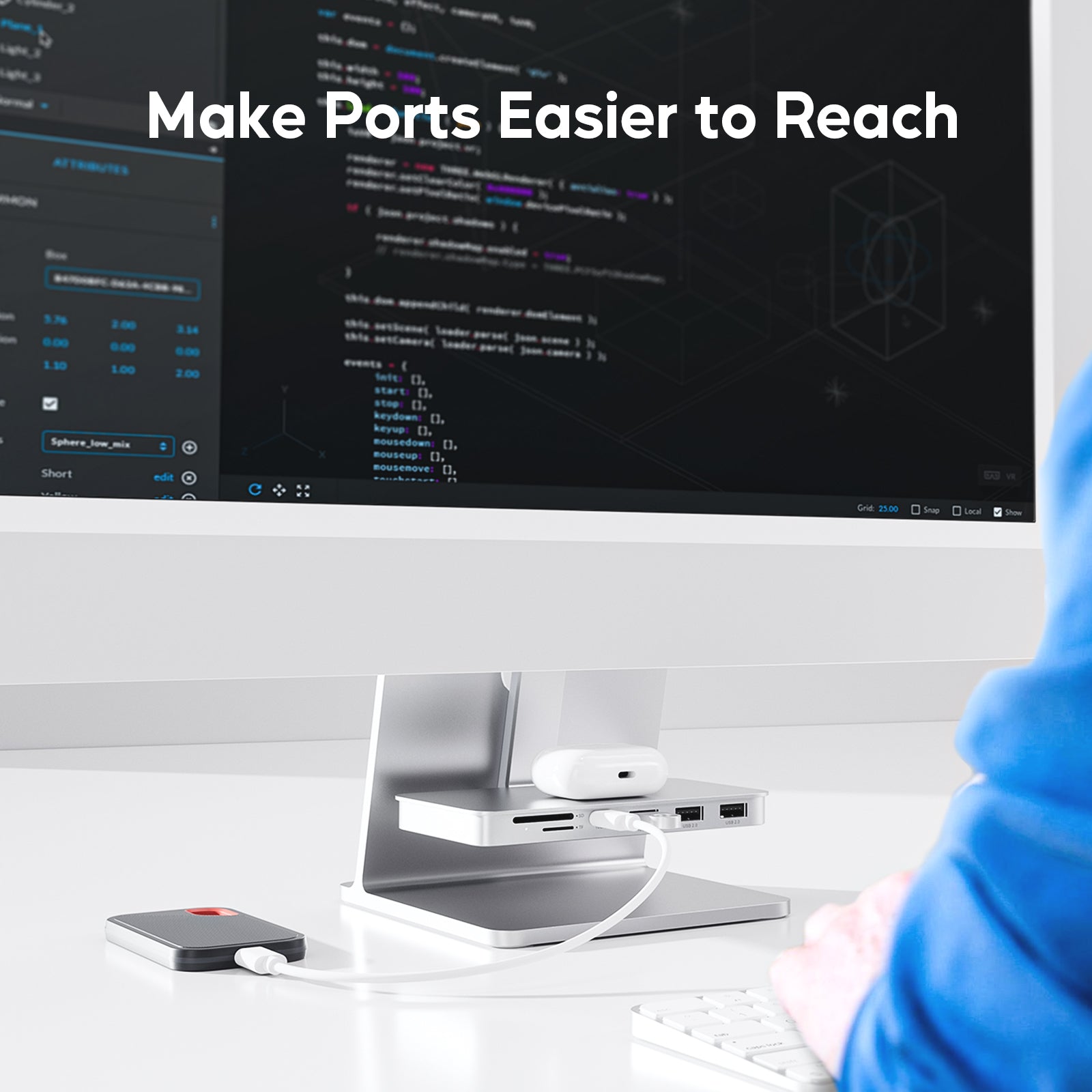 PULWTOP USB C Shelf Hub For iMac 24" M1/M3/M4 & Apple Display Studio( 7-in-1, M.2 SSD case, Silver)