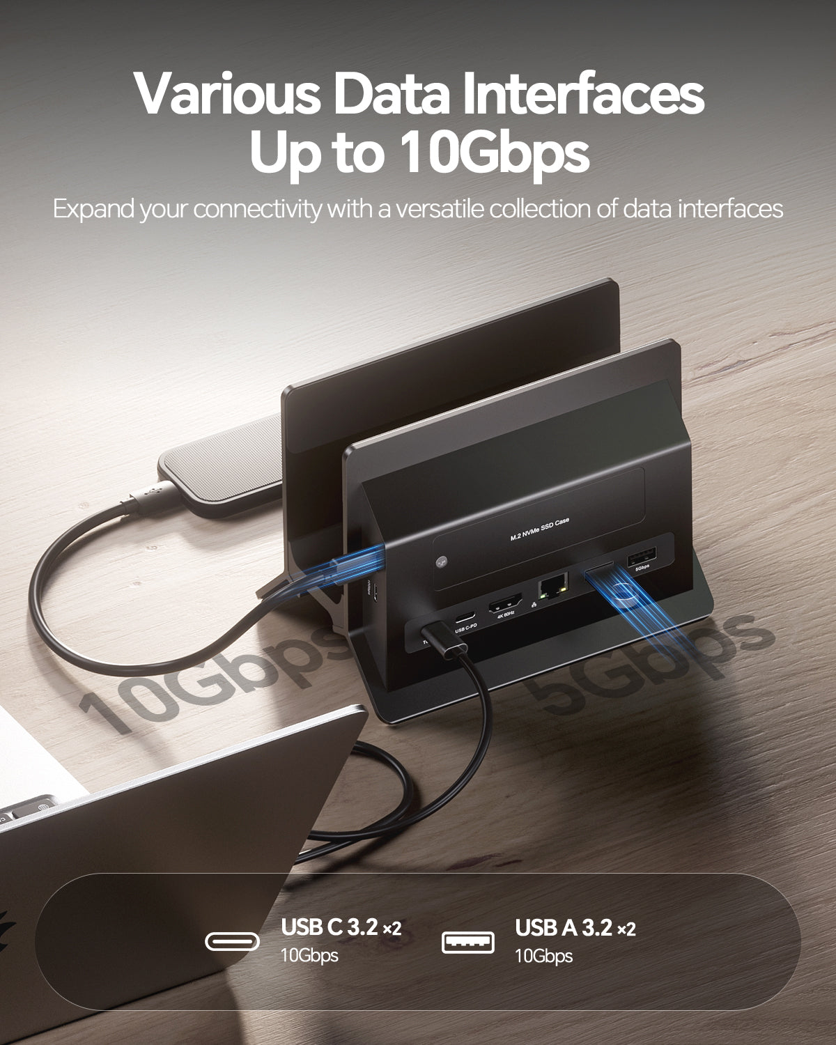 PULWTOP Vertical MacBook Docking Station (11-in-1, HDMI, USB-C 10Gbps, M.2 NVME SSD case) Black