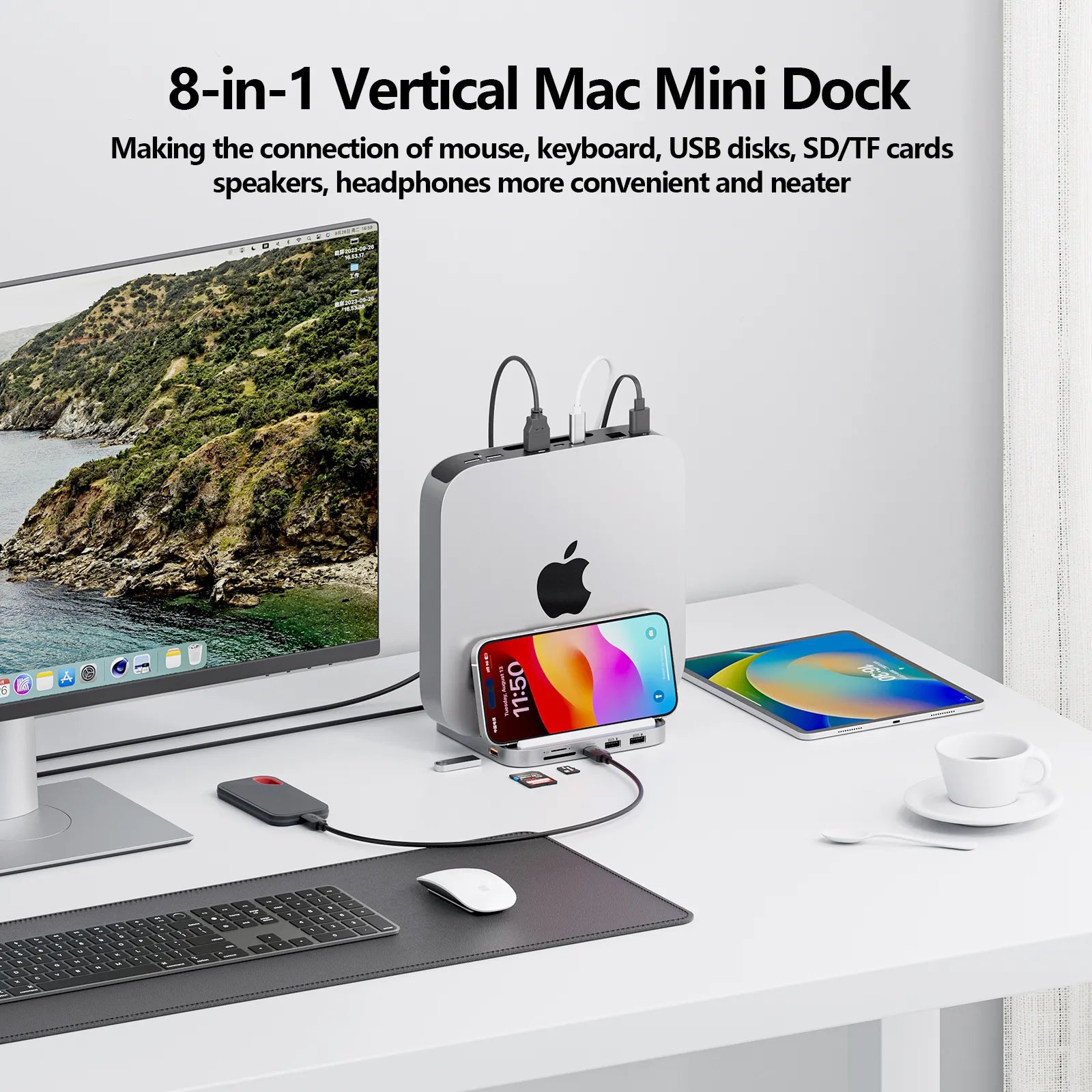 PULWTOP 8-in-1 Vertical Mac Mini Dock ,Mac Mini Hub Stand with M.2 PCIe NVMe SSD Enclosure