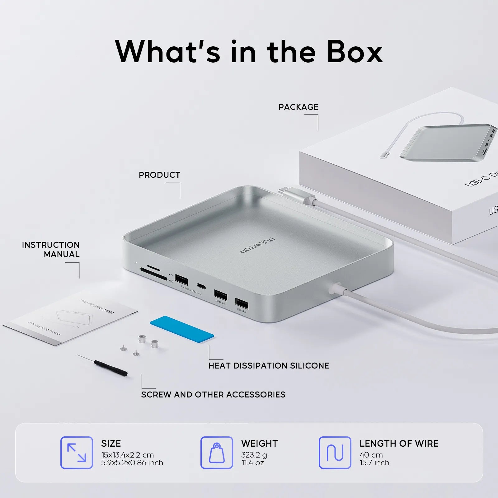 PULWTOP USB C Hub For iMac 24" M1/M3/M4 ( 7-in-1, M.2 SSD case, Silver)