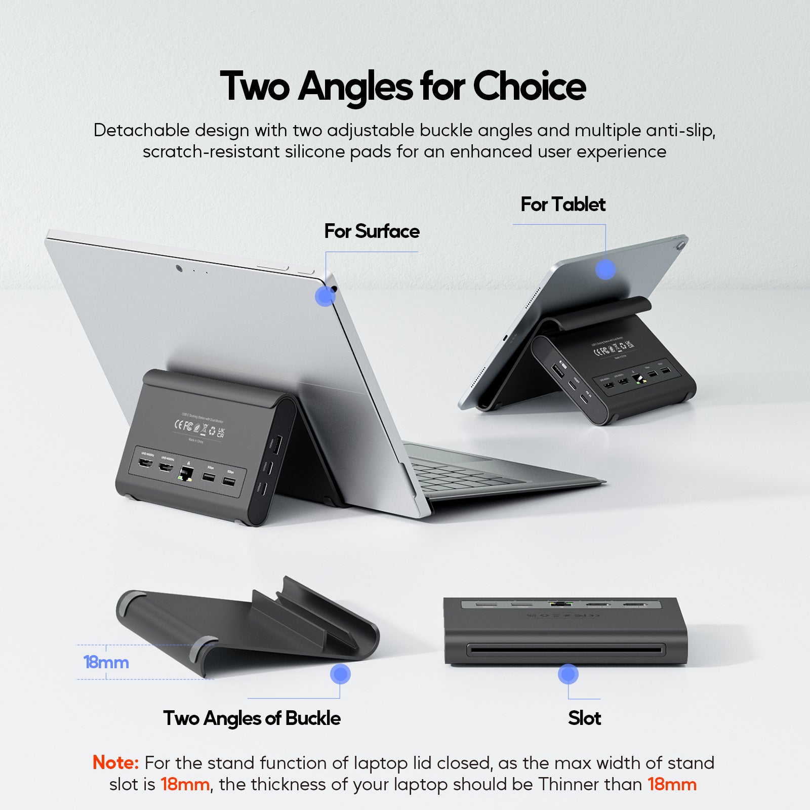 PULWTOP Laptop Docking Station Dual Monitor, Vertical Stand for Surface Pro 11/10/9/8 & Windows Laptops (4K@60Hz HDMI, 3X USB-C/A 10Gbps)