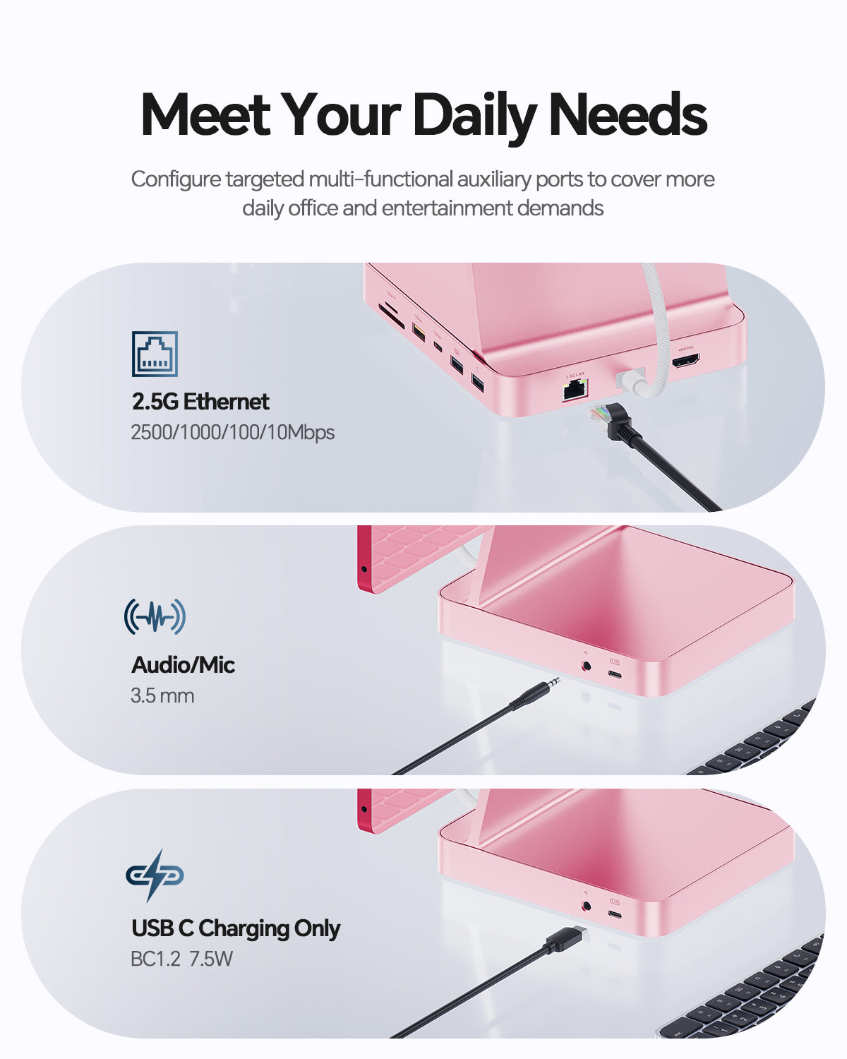 PULWTOP Upgraded 11-in-2 USB C Hub for iMac 24 Inch (HDMI, Ethernet, SSD Slot)Pink