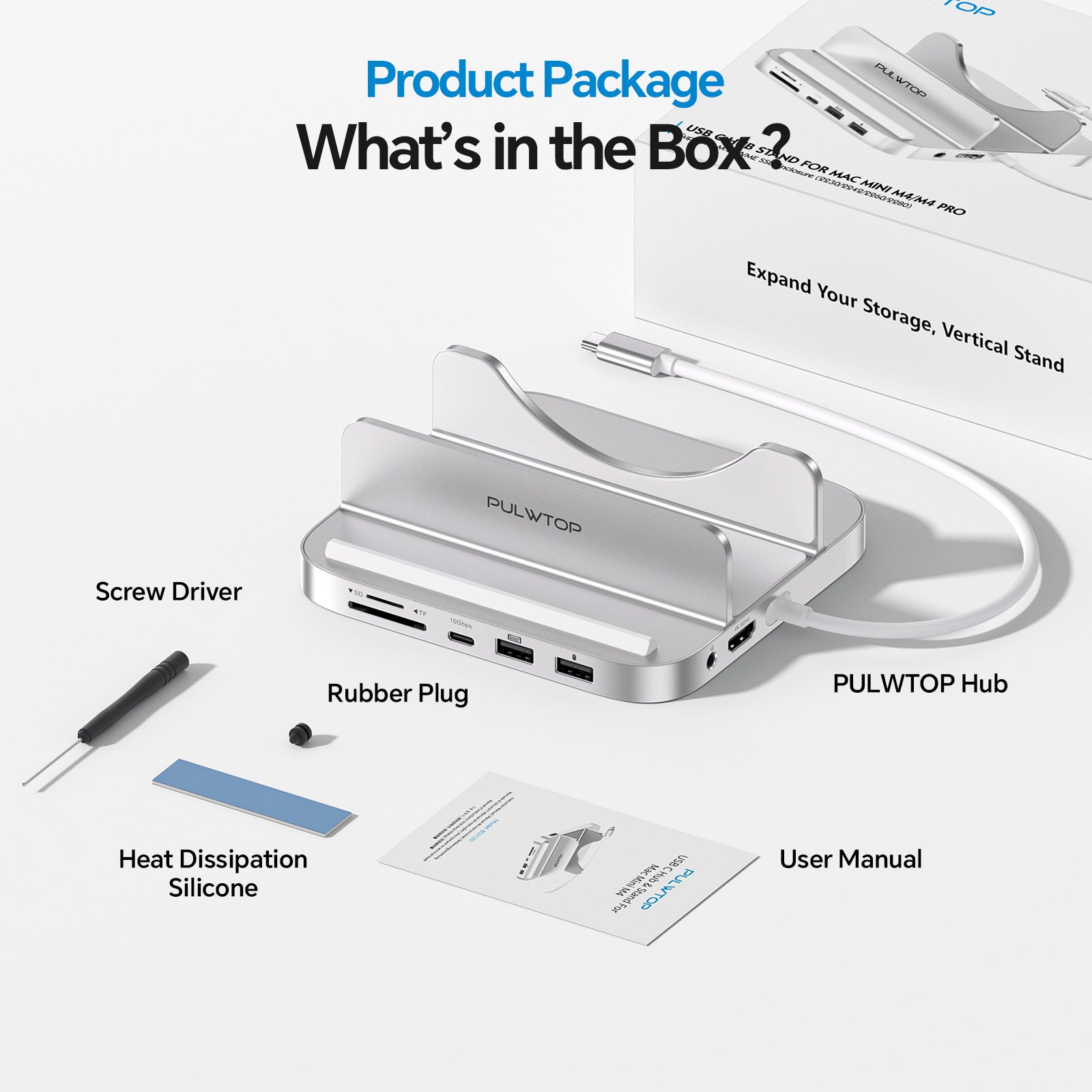 PULWTOP Mac Mini M4 Dock& Stand(9-in-1, M.2 SSD case, HDMI 4K, 10Gbps)