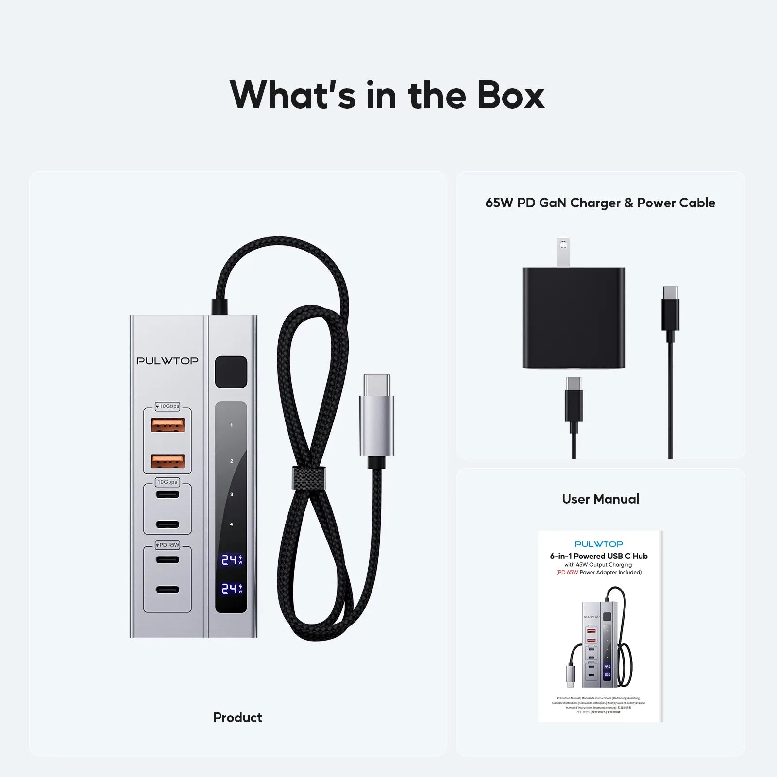 PULWTOP Powered USB C Hub with 65W PD-in Power Adapter