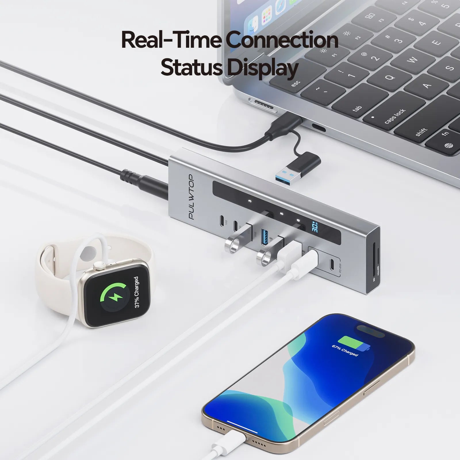 PULWTOP Powered USB C Hub, PULWTOP 11-in-1 USB Hub with SD/TF, 2*USB-C 10Gbps, 4*USB-A 5/10Gbps and 2 * 24/45W Type-C PD Charging Ports (Not Support Video), USB Powered Hub (72W DC Adapter Included)