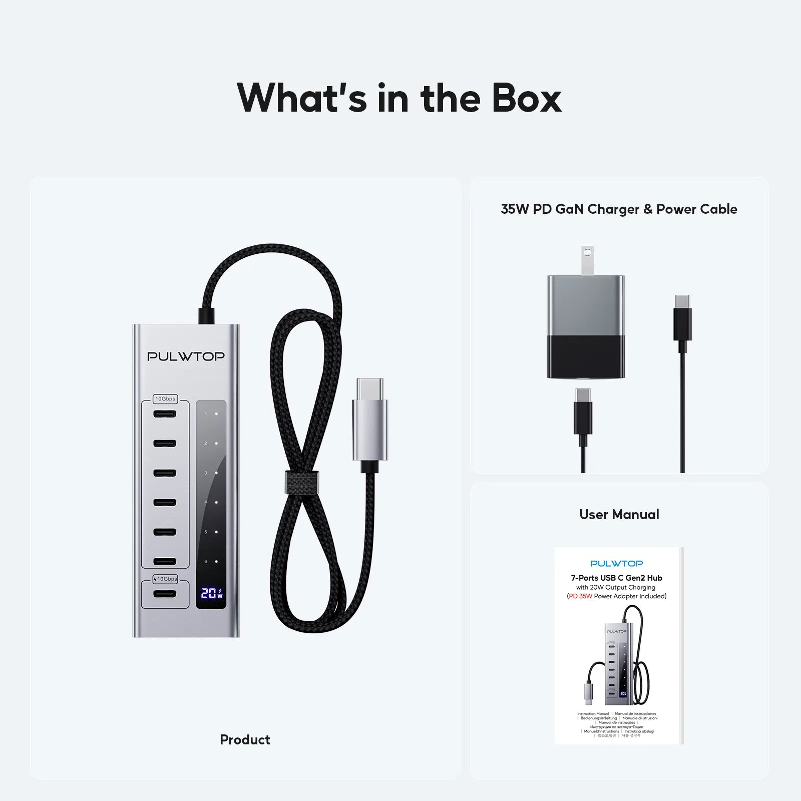PULWTOP 7 in 1 USB C to USB C Hub Support Data 10Gbps & Charging(Not Support Video)