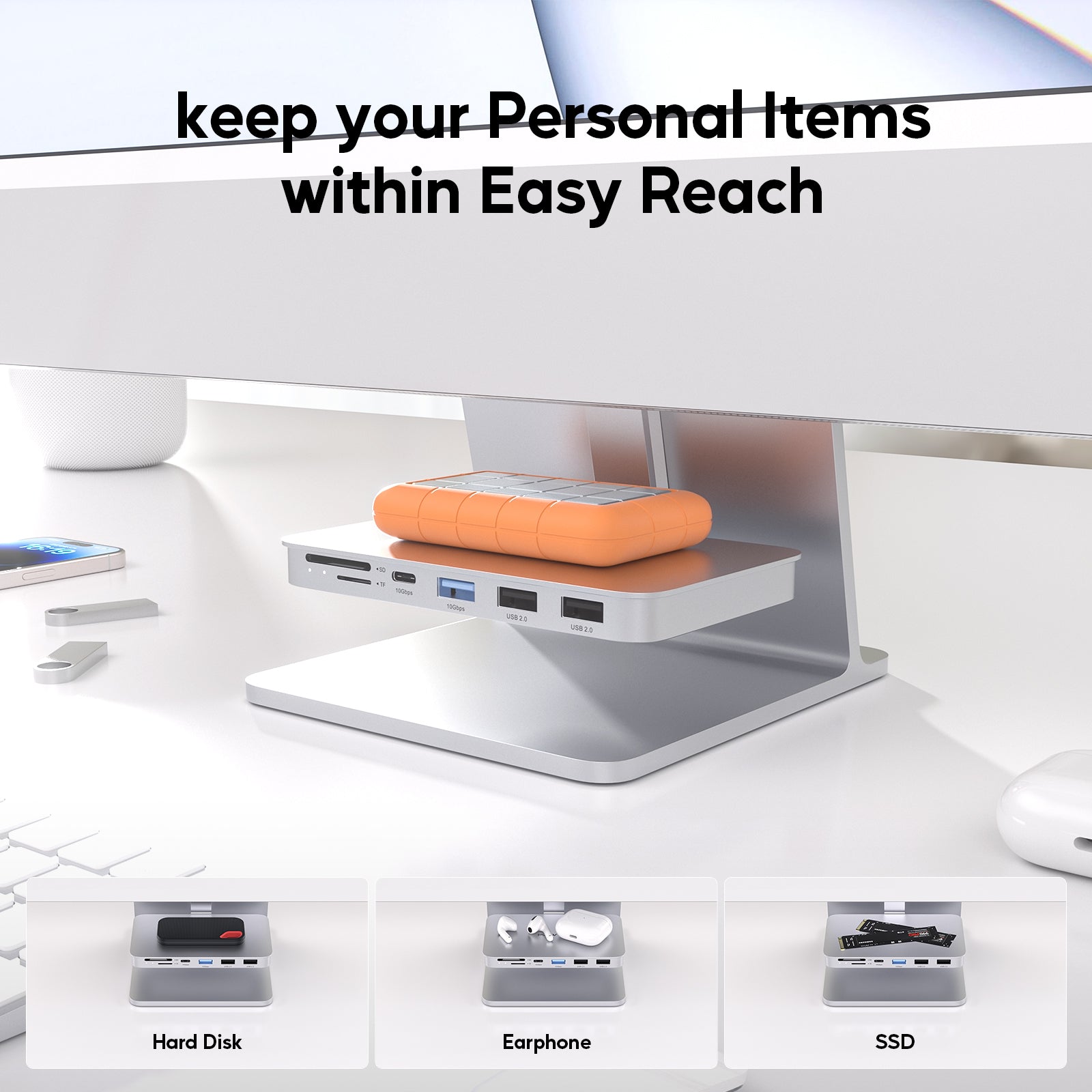 PULWTOP USB C Shelf Hub For iMac 24" M1/M3/M4 & Apple Display Studio( 7-in-1, M.2 SSD case, Silver)