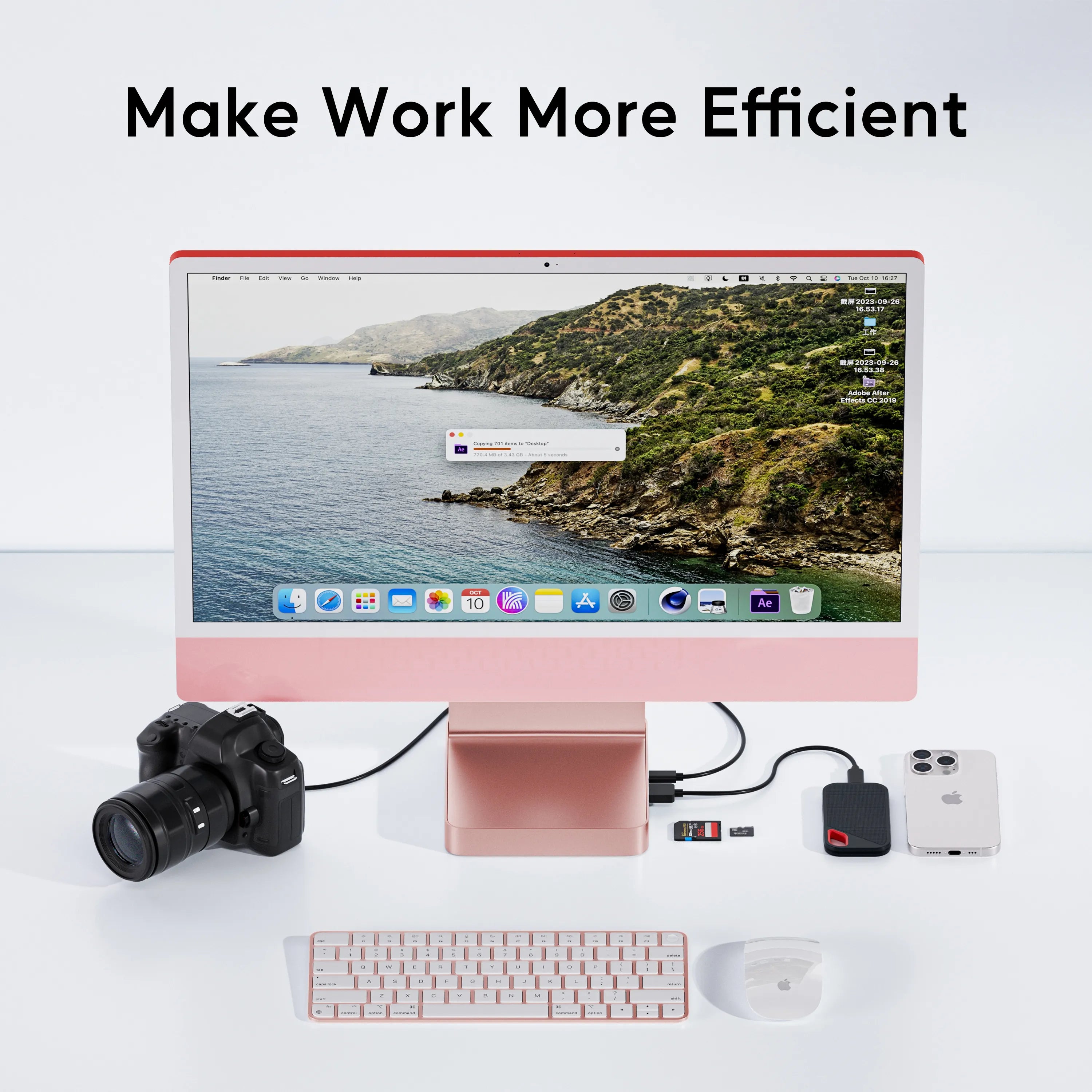 PULWTOP USB C Hub For iMac 24" M1/M3/M4 ( 7-in-1, M.2 SSD case, Pink)