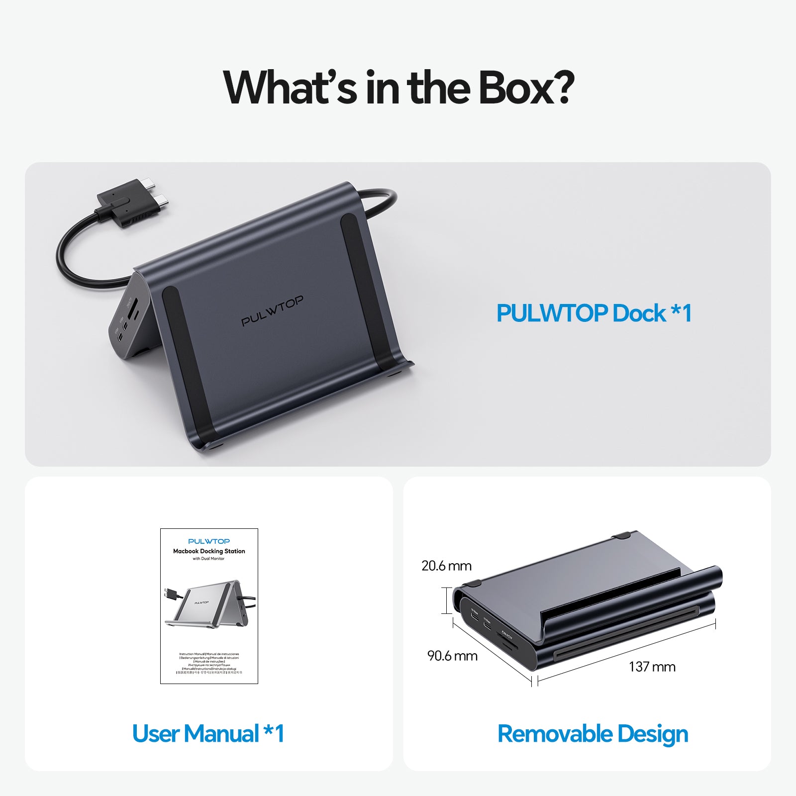 PULWTOP Macbook Docking Station Dual Monitor with 2×HDMI, 10Gbps USB-C/A, Ethernet, Audio for MacBook Pro/Air M4/M5 – Midnight