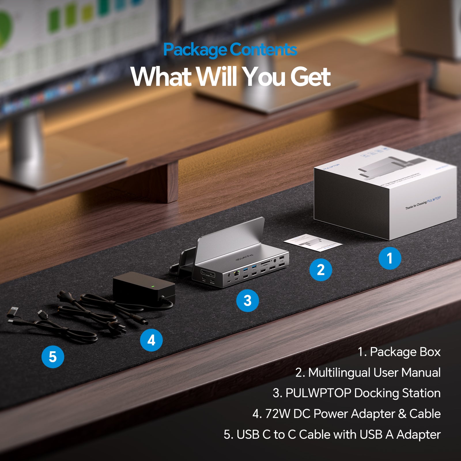 PULWTOP Triple Display Docking Station Stand(17-in-1, 100W PD, 4K Displays with 3 HDMI or 2 DisplayPort )Driver Required