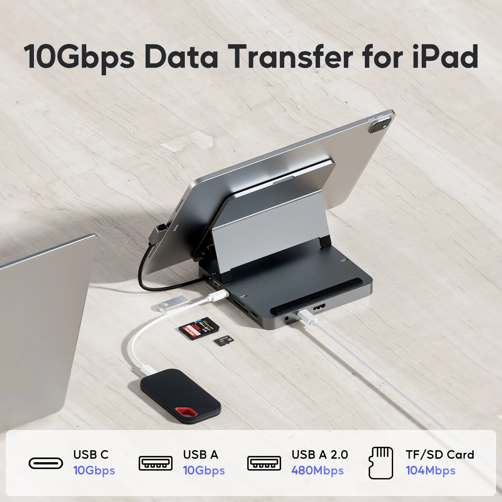 PULWTOP USB C Docking Station, With 4KHDMI, 100W PD Aluminum Hub with SSD Case, Foldable Stand Base for iPad