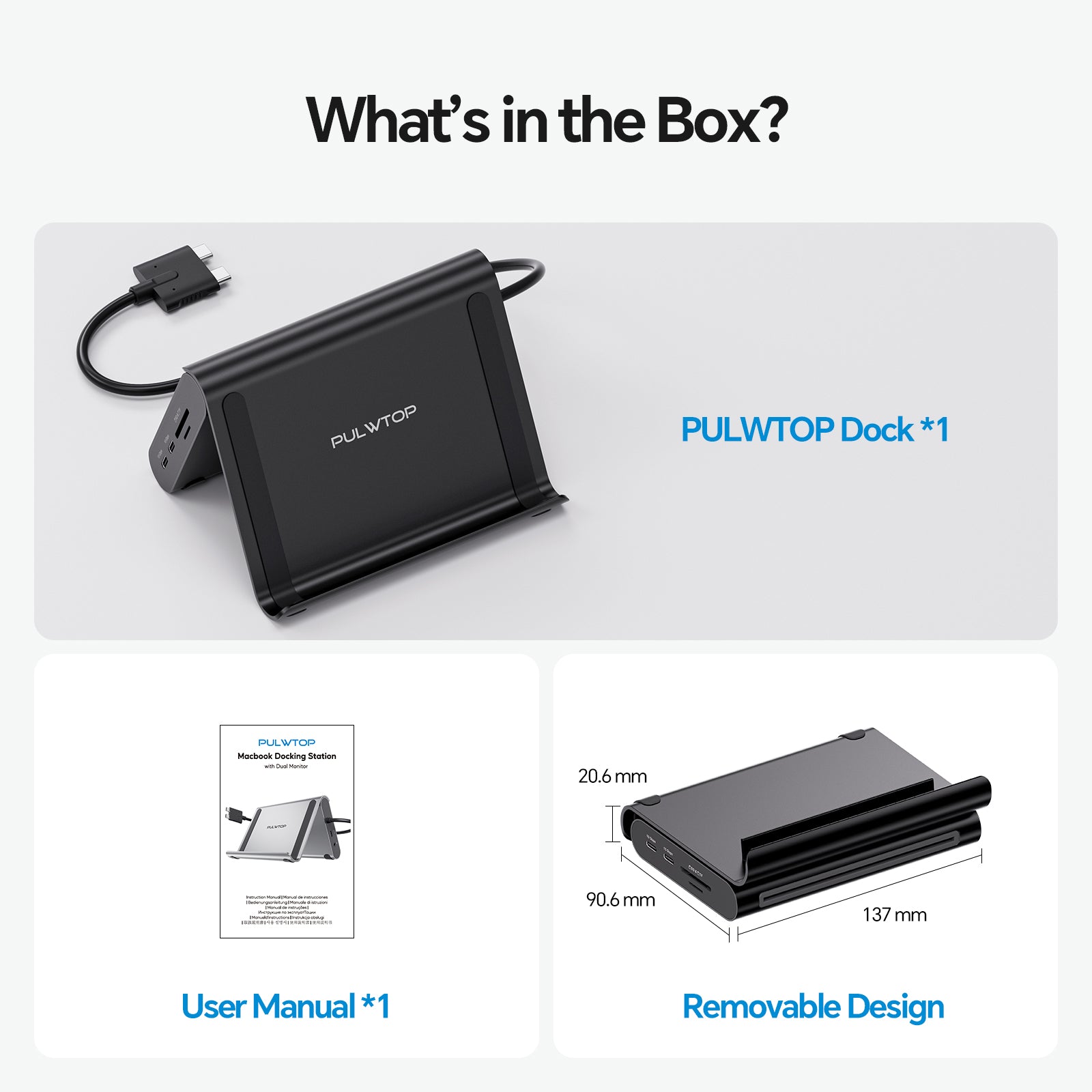PULWTOP MacBook Docking Station Dual 4K@60Hz Monitor ( 2 HDMI, PD, Ethernet, USB A/C 10Gbps, Audio)-Black