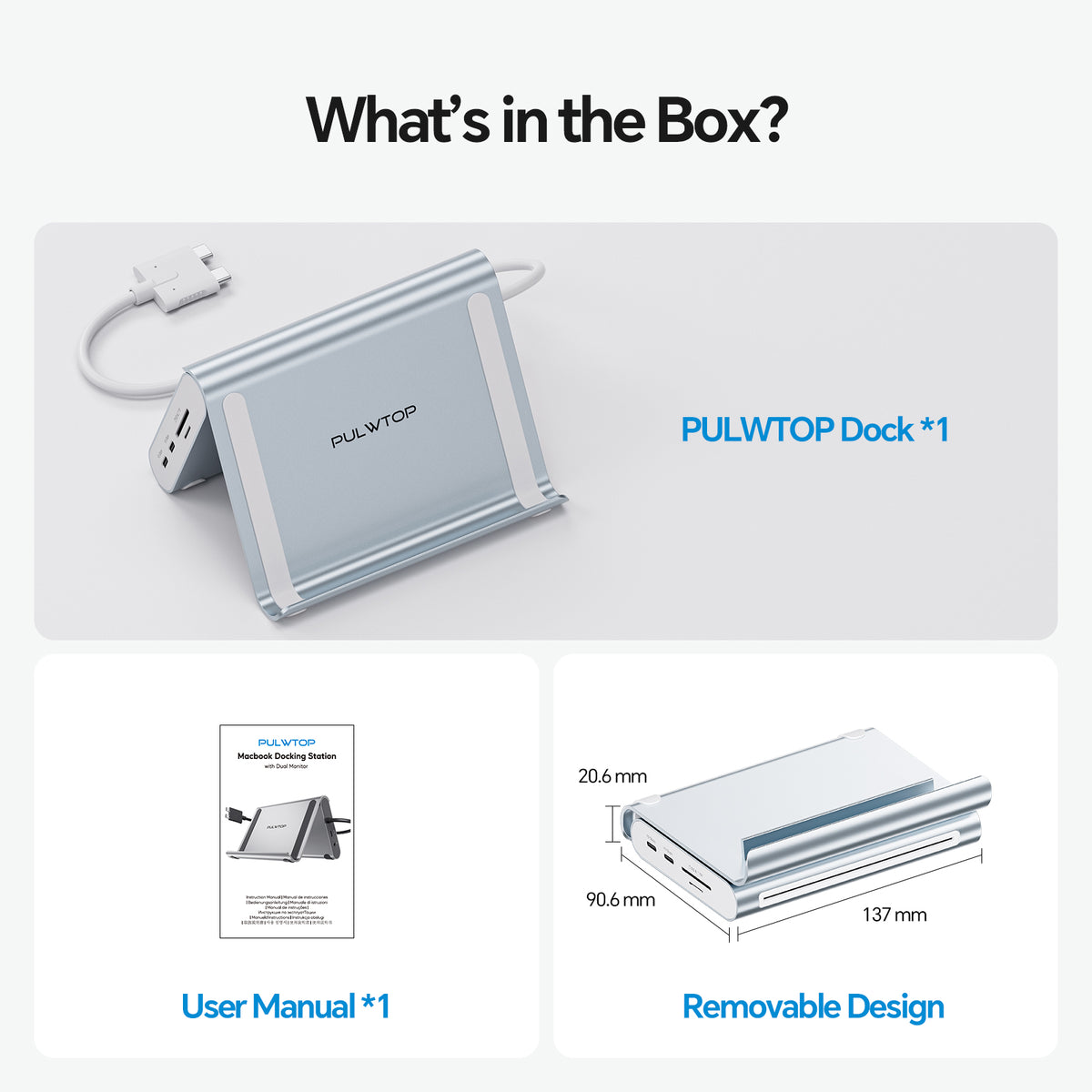 PULWTOP USB C Docking Station Dual Monitor for MacBook Pro/Air M4/M5 (2X 4K@60Hz HDMI, 10Gbps USB A/C) - Sky Blue