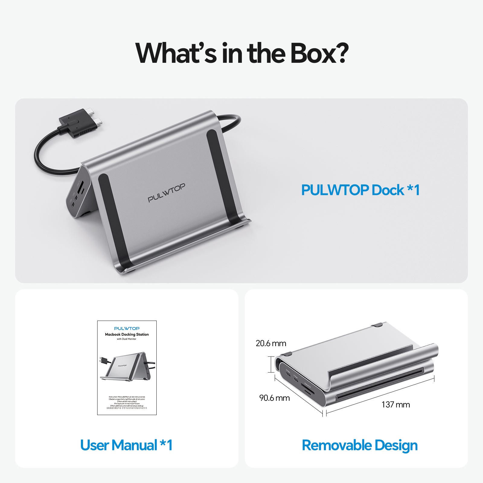 PULWTOP MacBook Docking Station Dual 4K@60Hz Monitor ( 2 HDMI, PD, Ethernet, USB A/C 10Gbps, Audio)