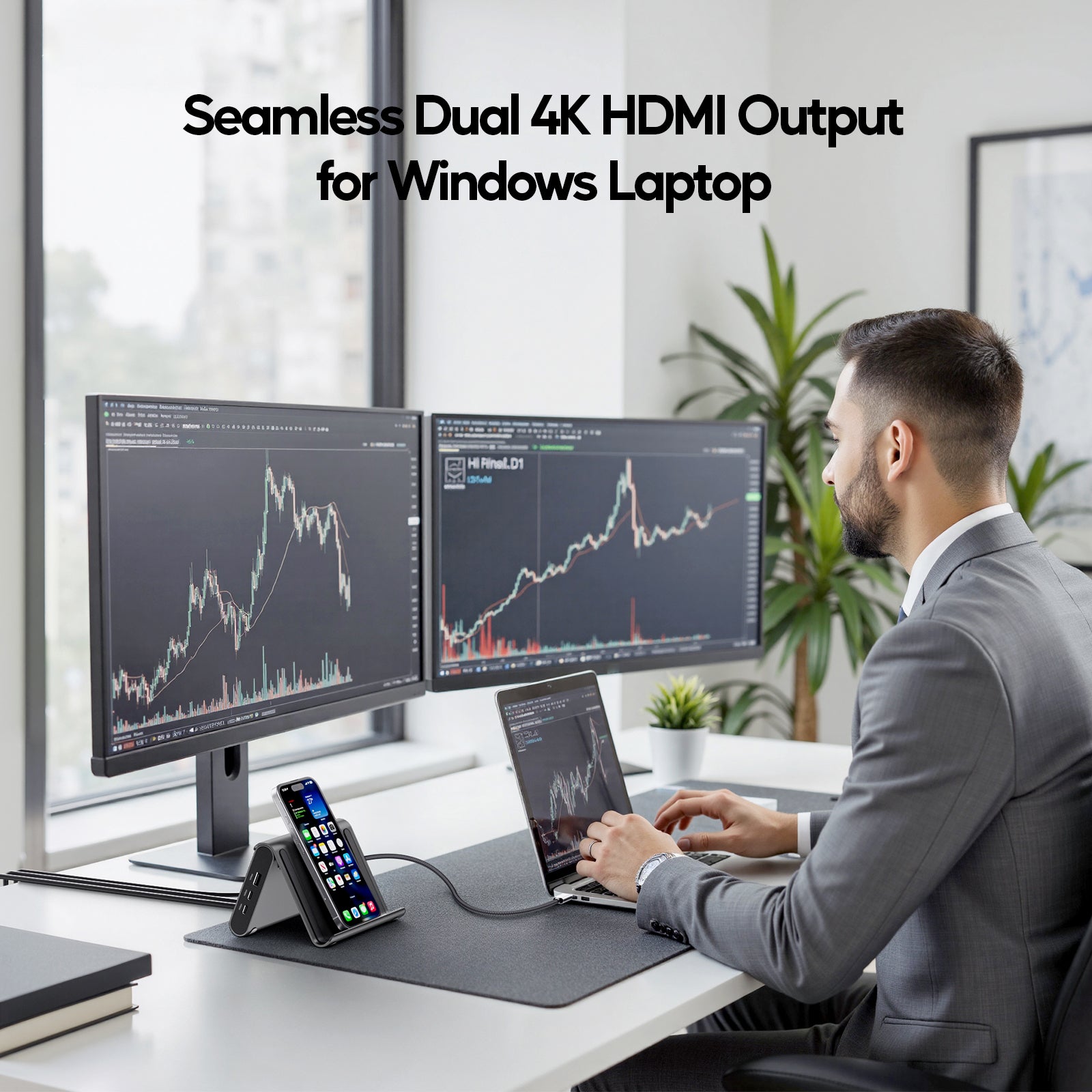 PULWTOP Laptop Docking Station Dual Monitor, Vertical Stand for Surface Pro 11/10/9/8 & Windows Laptops (4K@60Hz HDMI, 3X USB-C/A 10Gbps)