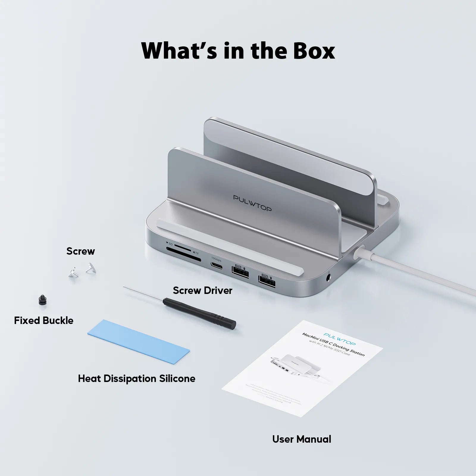 PULWTOP 8-in-1 Vertical Mac Mini Dock ,Mac Mini Hub Stand with M.2 PCIe NVMe SSD Enclosure