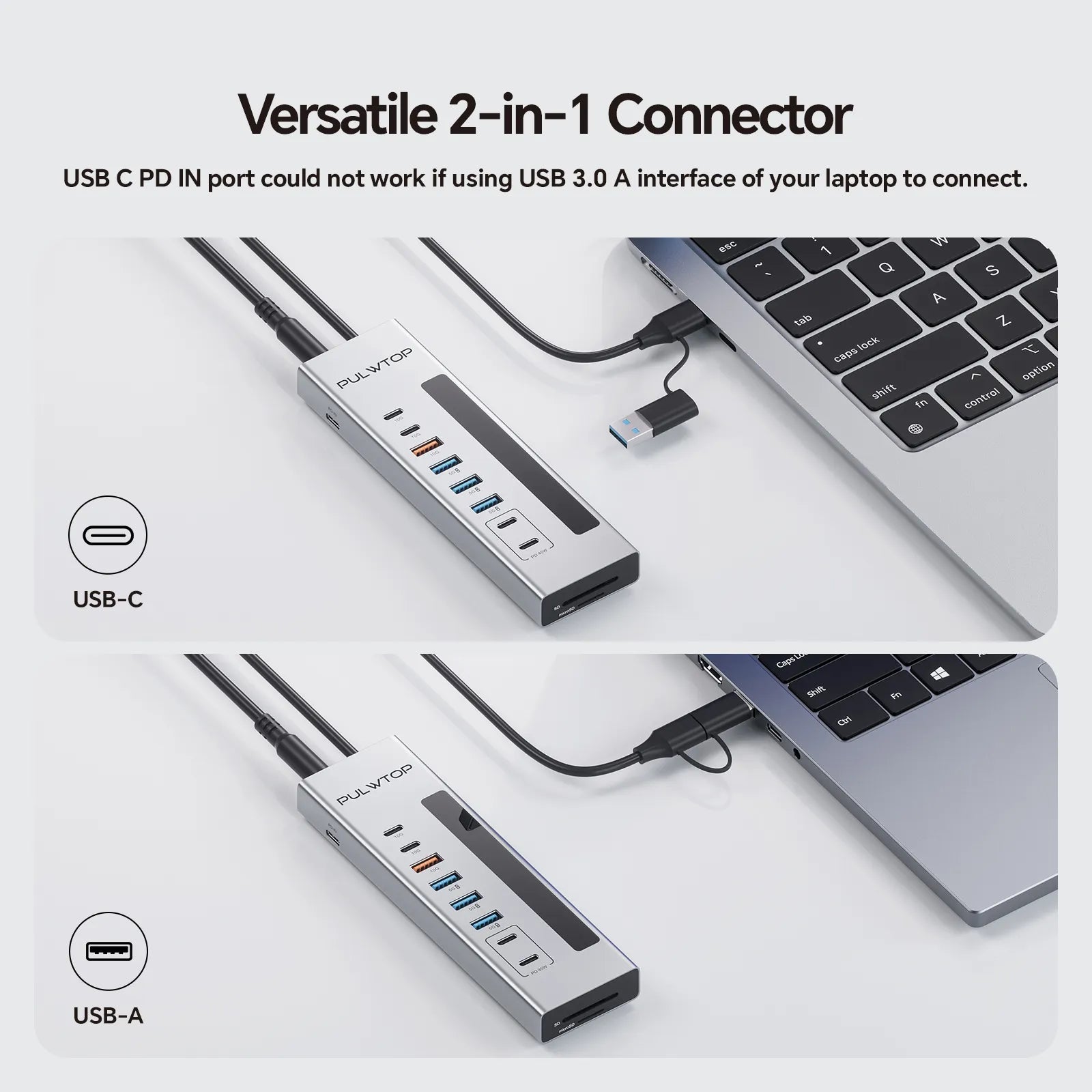 PULWTOP Powered USB C Hub, PULWTOP 11-in-1 USB Hub with SD/TF, 2*USB-C 10Gbps, 4*USB-A 5/10Gbps and 2 * 24/45W Type-C PD Charging Ports (Not Support Video), USB Powered Hub (72W DC Adapter Included)