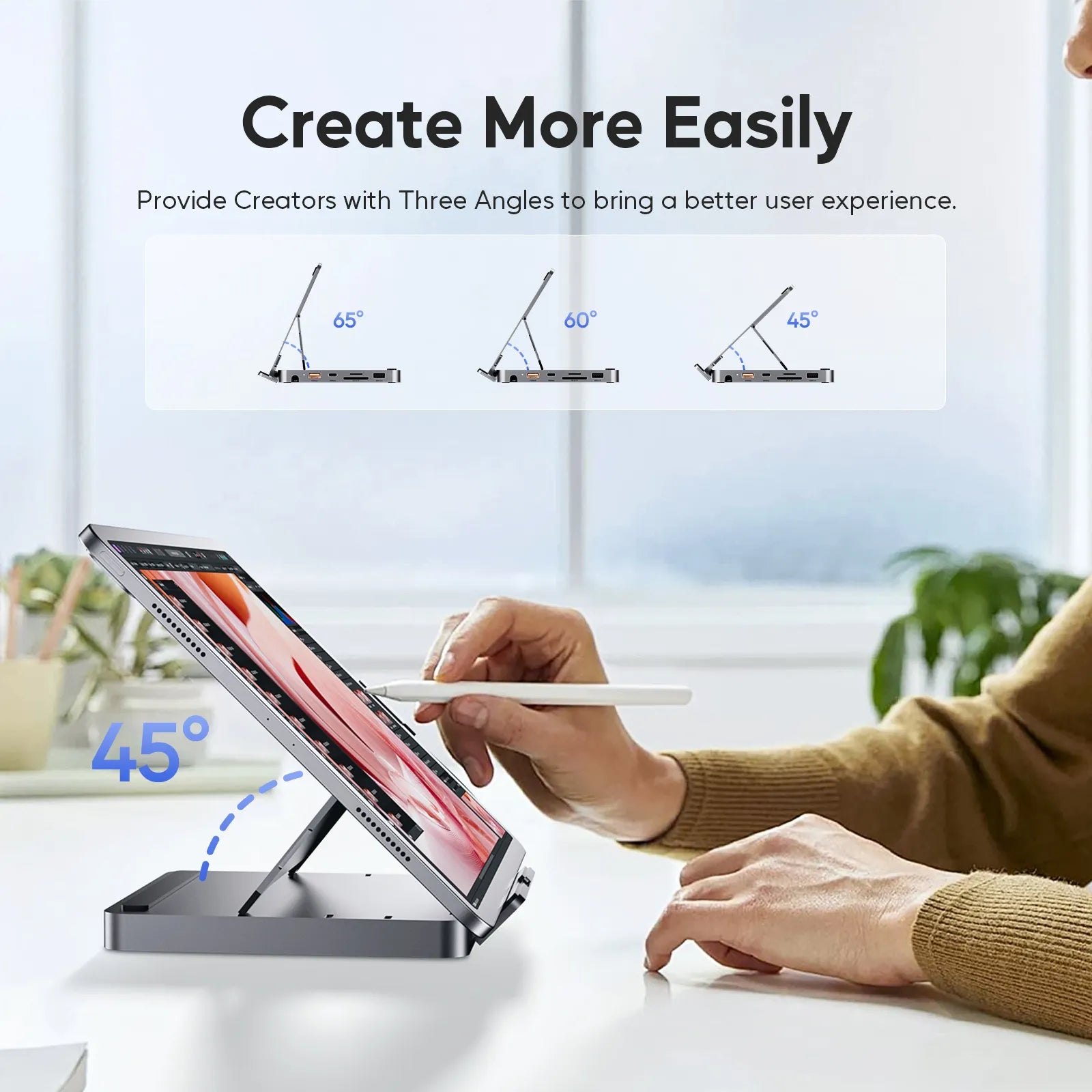 PULWTOP USB C Docking Station, With 4KHDMI, 100W PD Aluminum Hub with SSD Case, Foldable Stand Base for iPad