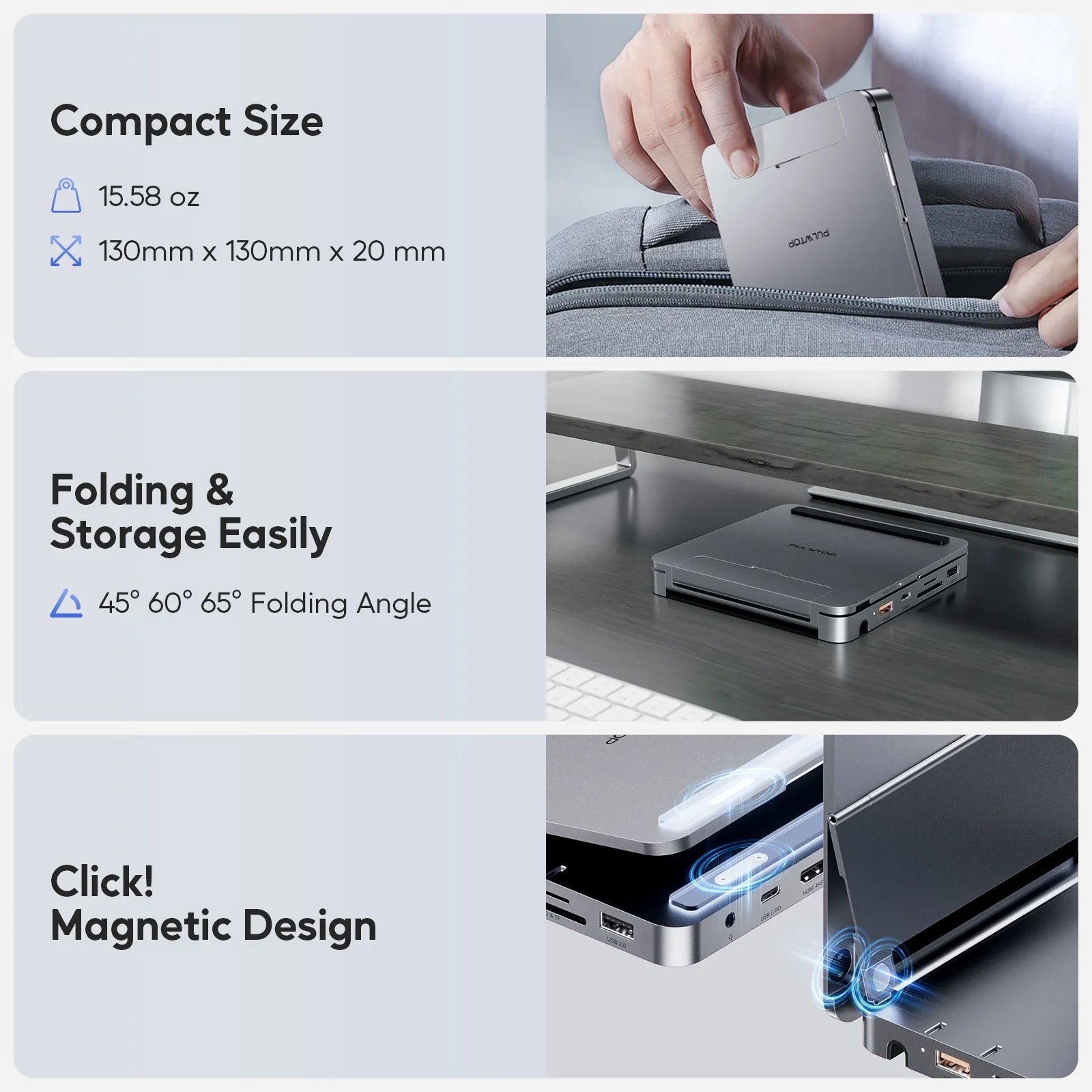 PULWTOP USB C Docking Station, With 4KHDMI, 100W PD Aluminum Hub with SSD Case, Foldable Stand Base for iPad