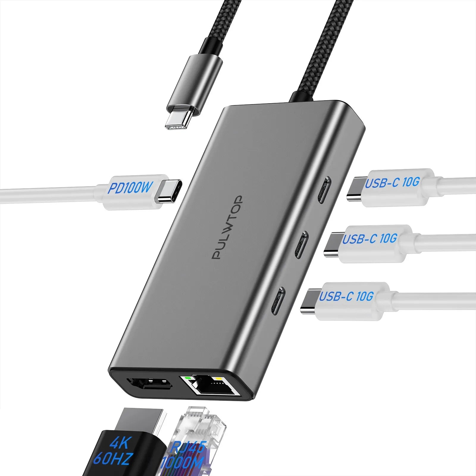 PULWTOP 6-in-1 USB C Hub Multiport Adapter for Laptop MacBook Air iPad Pro XPS