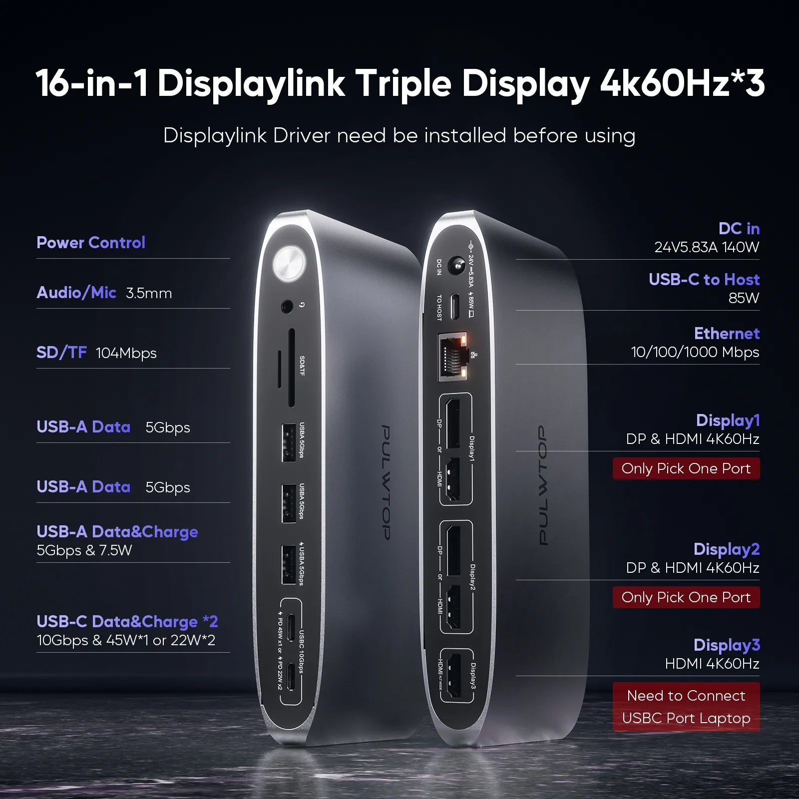 PULWTOP DisplayLink Docking Station Triple Monitor with 140W Power Adapter, 4K@60HZ Laptop USB C Docking Station