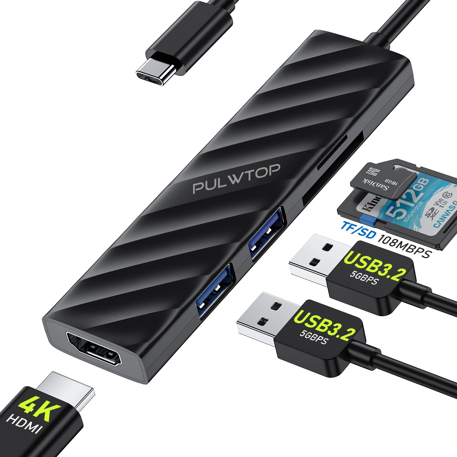 PULWTOP 5-in-1 USB C Adapter with HDMI 4K 30Hz, USB 3.0, TF/SD Card Reader