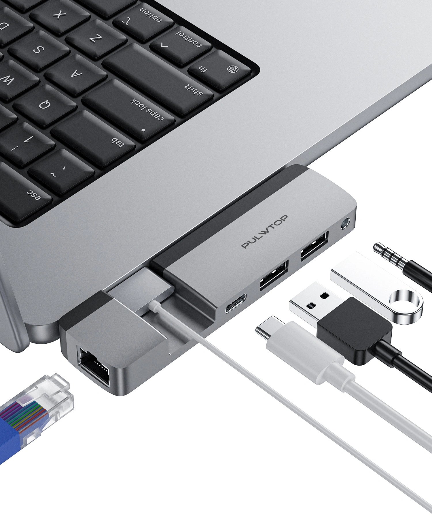 PULWTOP USB C hub for MacBook with multi-function USB C port (supports 5K@60Hz, data transfer, 100W power supply), suitable for M1, M2 MacBook Air/Pro