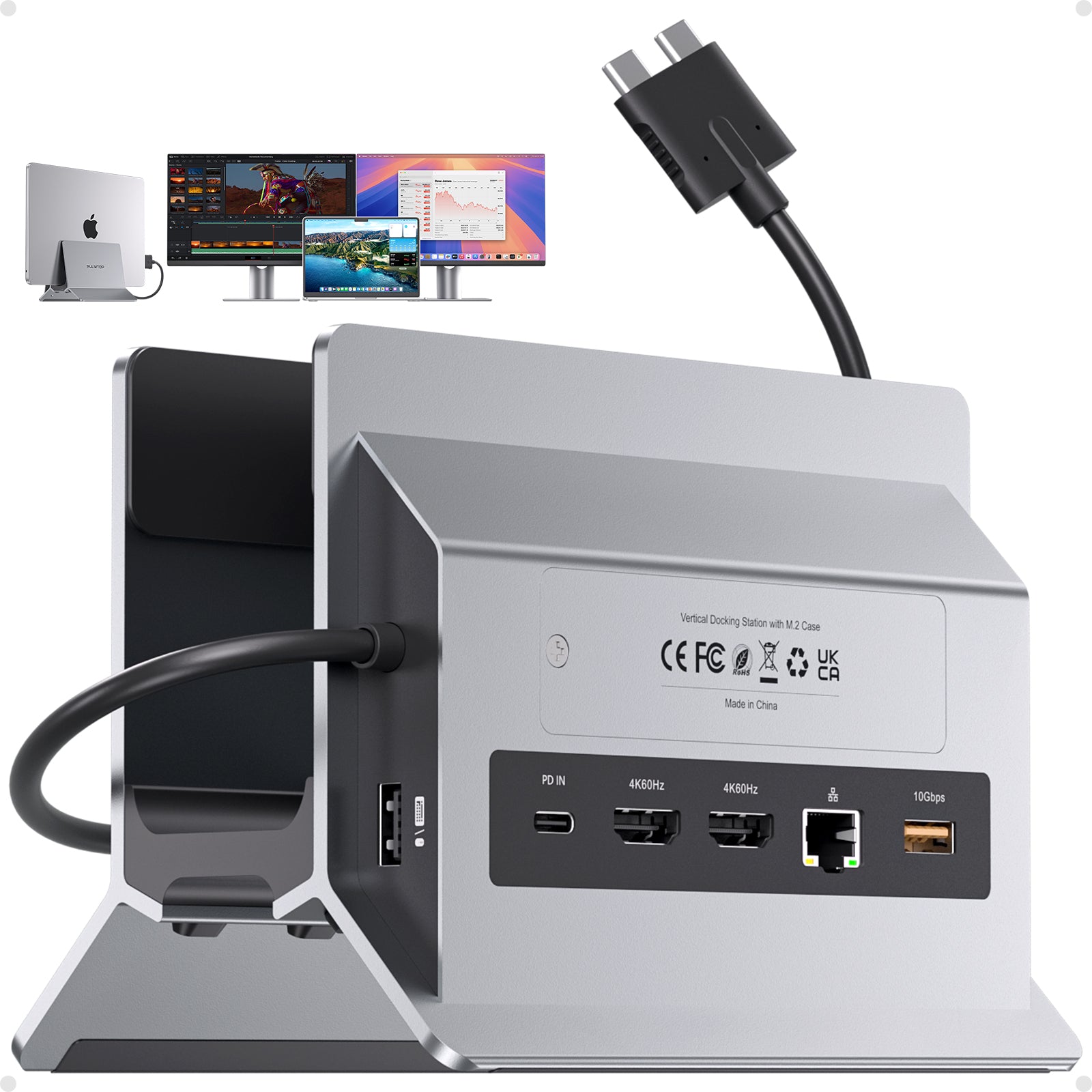 MacBook Docking Station Dual Monitor with 2 HDMI 4K@60Hz, USB A/C 10Gbps, Vertical Dock Stand for MacBook Pro Air M3 M4