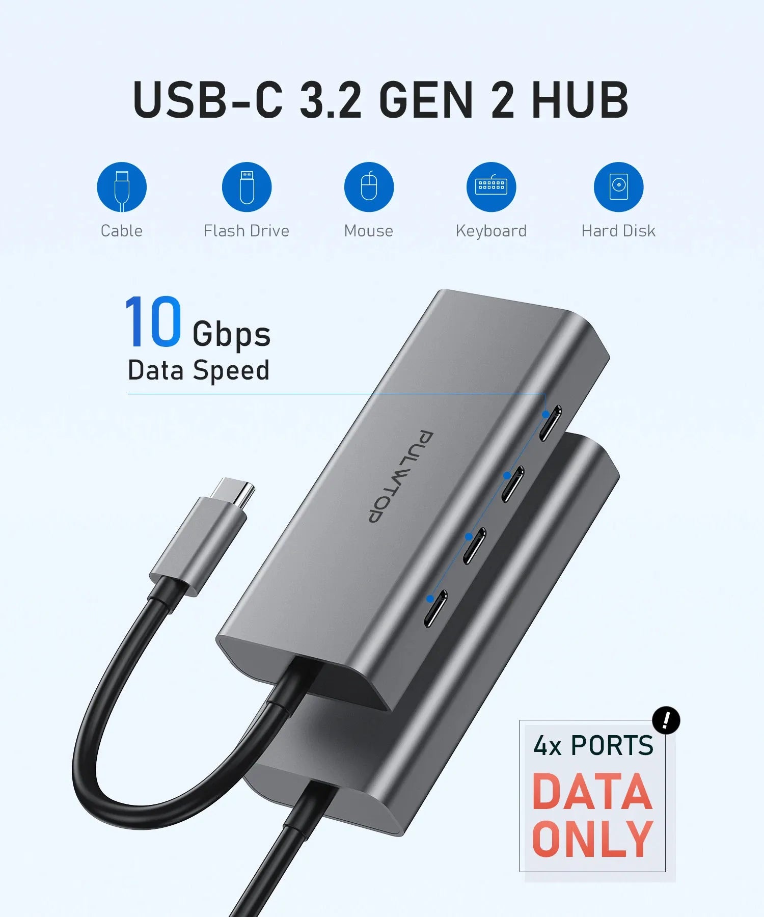 PULWTOP 4 Ports 10G USB C HUB For Mac,iMac,iPad and USB C Laptop