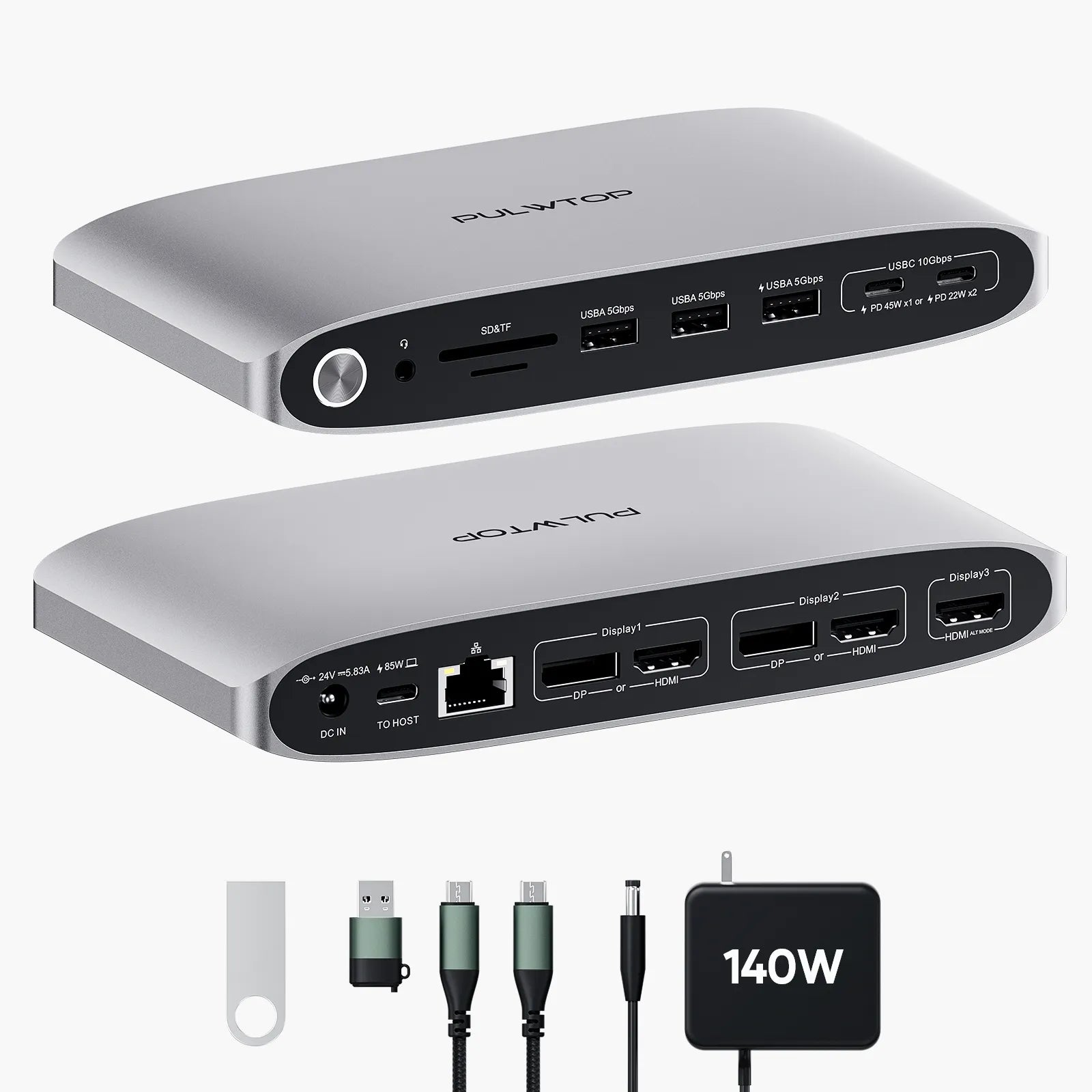 PULWTOP DisplayLink Docking Station Triple Monitor with 140W Power Adapter, 4K@60HZ Laptop USB C Docking Station