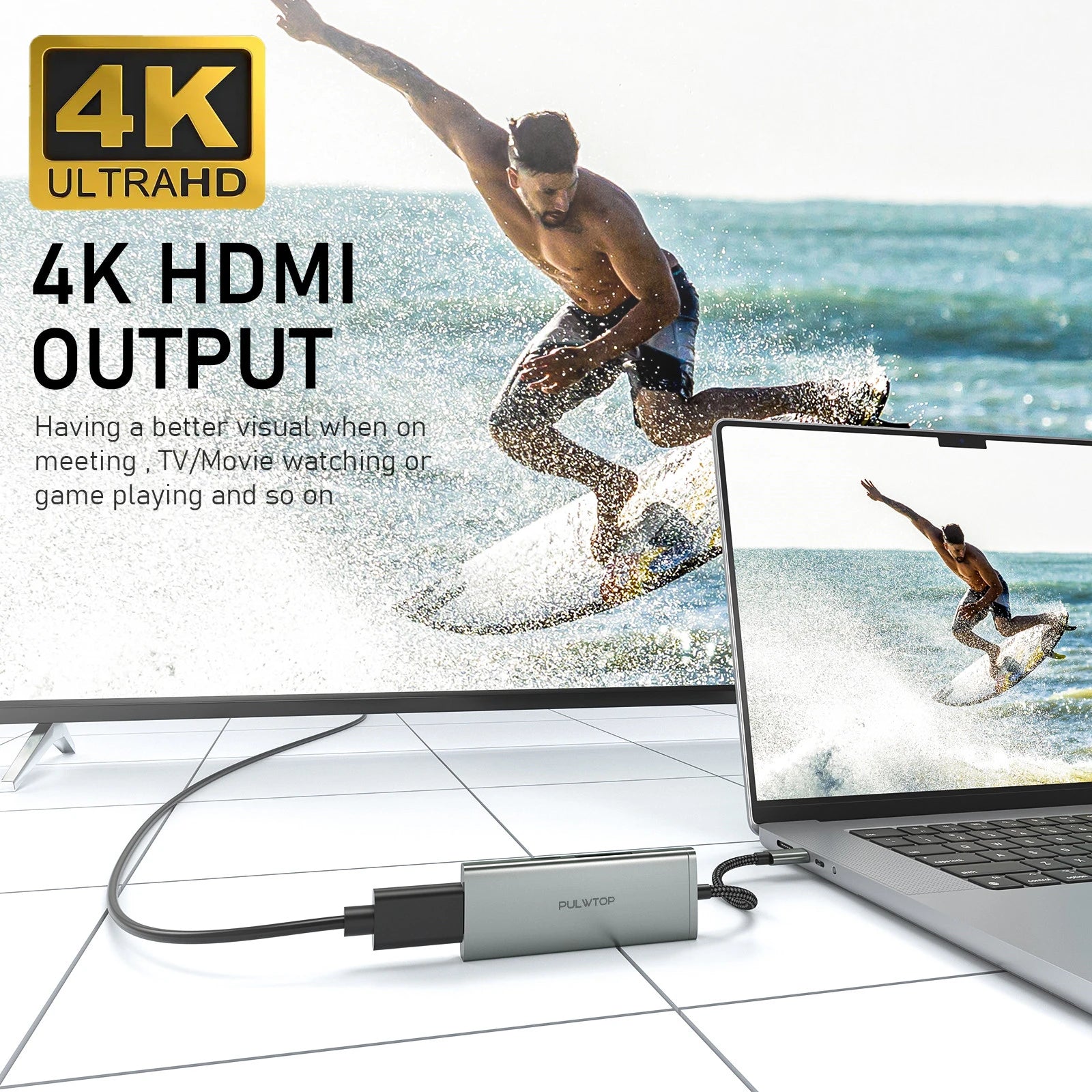 PULWTOP 6-in-1 USB hub with 4K HDMI, USB A 3.0, SD/TF card reader, suitable for MacBook Pro/ Air, Dell XPS and more Type C devices