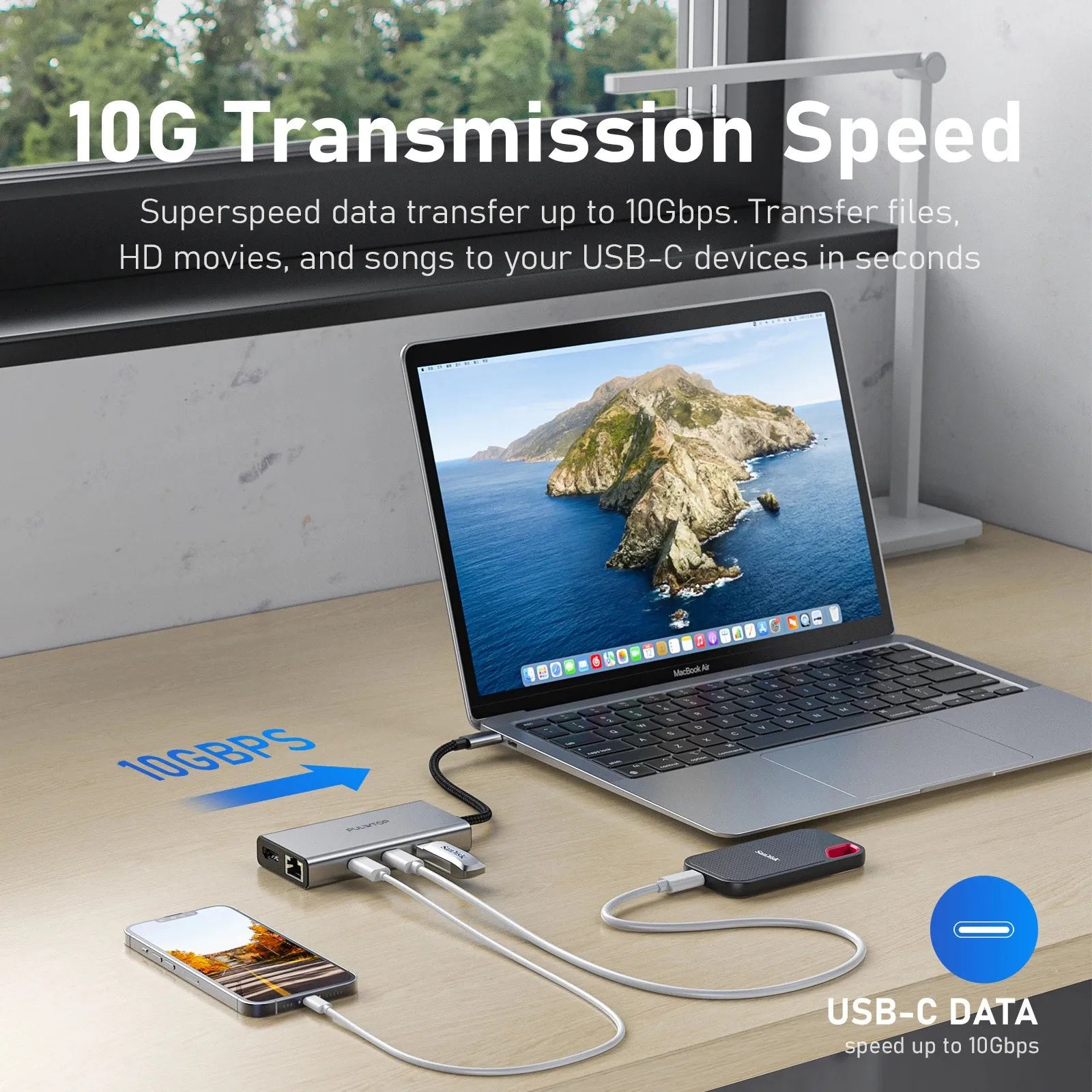PULWTOP 6-in-1 USB C Hub Multiport Adapter for Laptop MacBook Air iPad Pro XPS