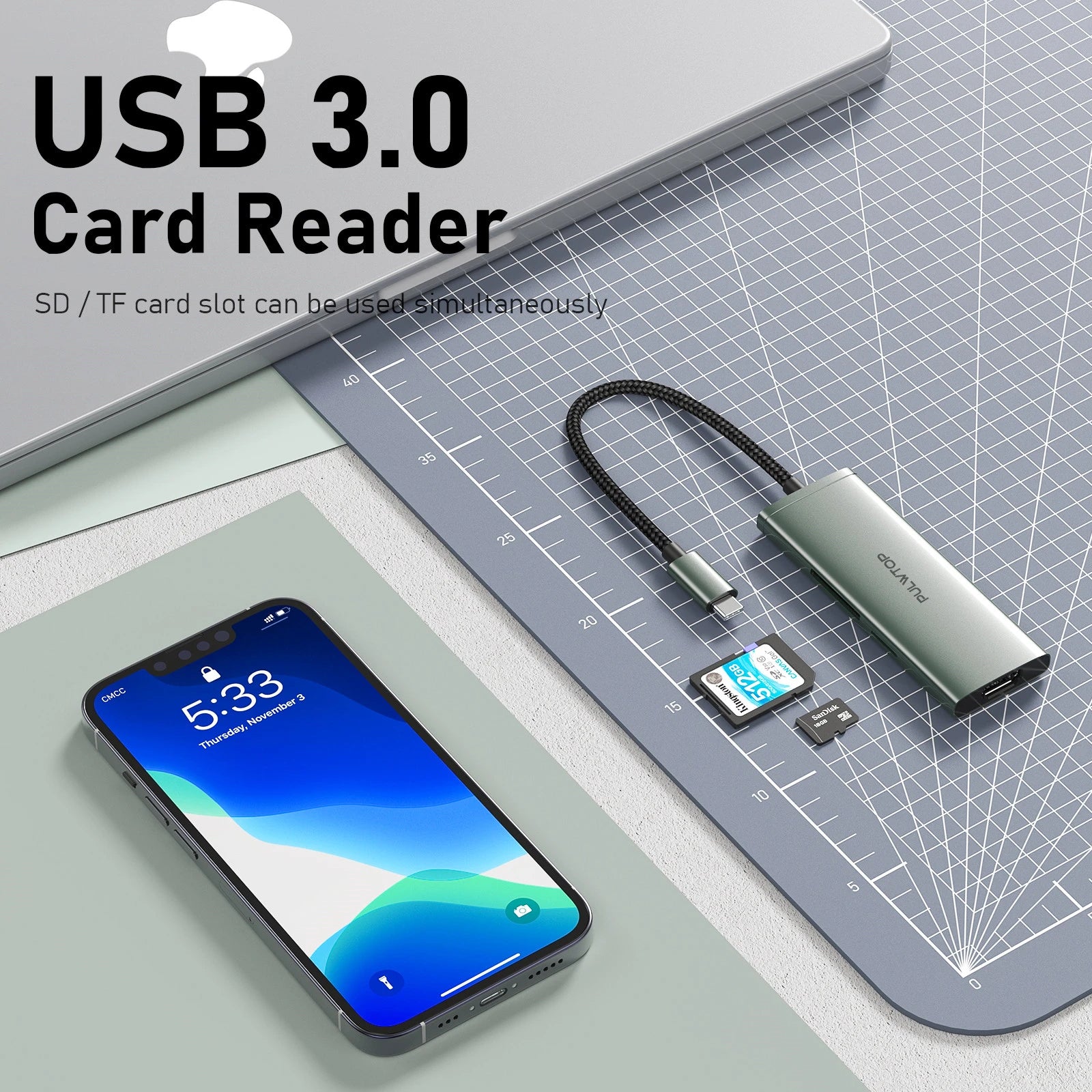 PULWTOP 6-in-1 USB hub with 4K HDMI, USB A 3.0, SD/TF card reader, suitable for MacBook Pro/ Air, Dell XPS and more Type C devices