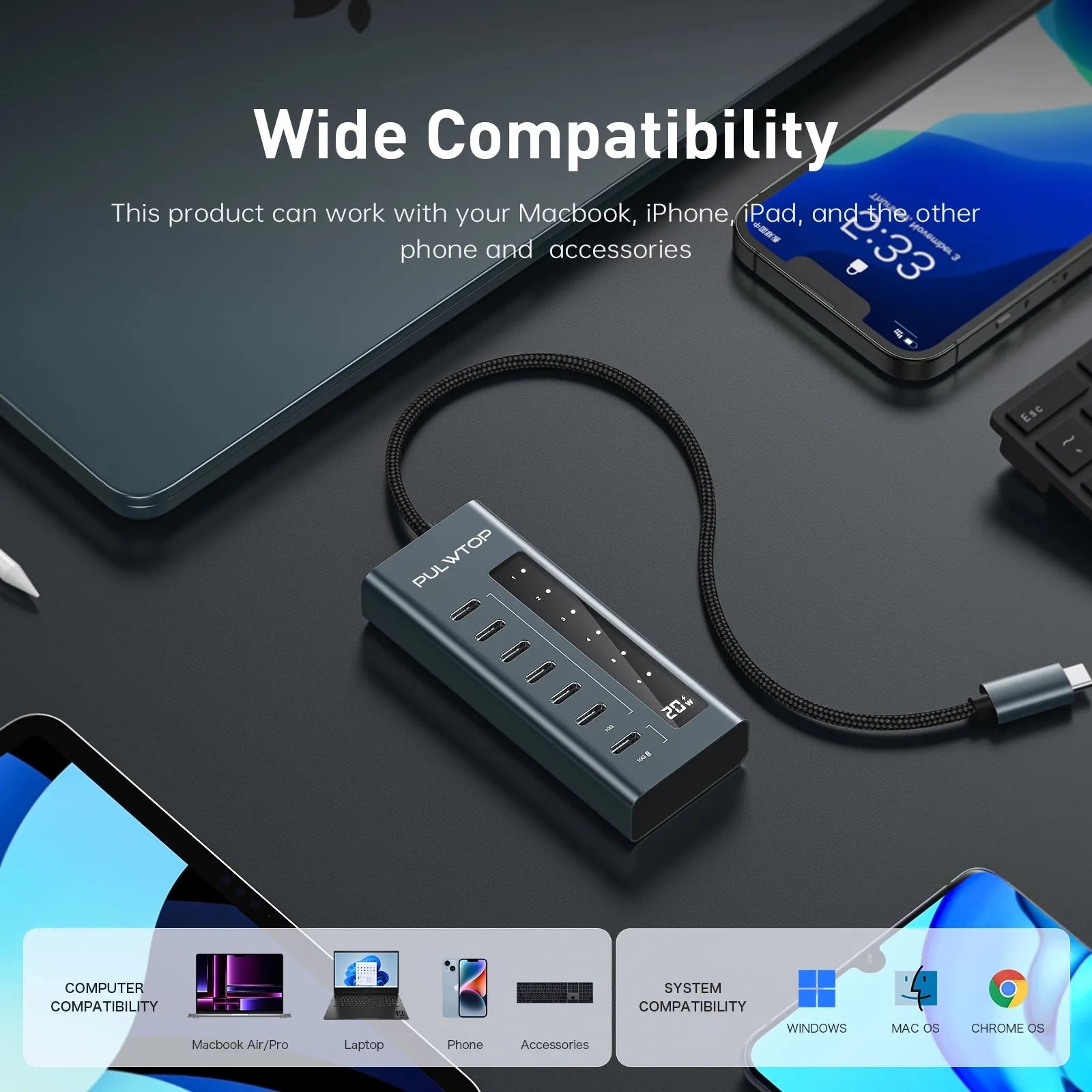 PULWTOP 7-in-1 10Gbps USB C supports data and charging (non-video) for iMac, MacBook Pro/Air, iPad, XPS