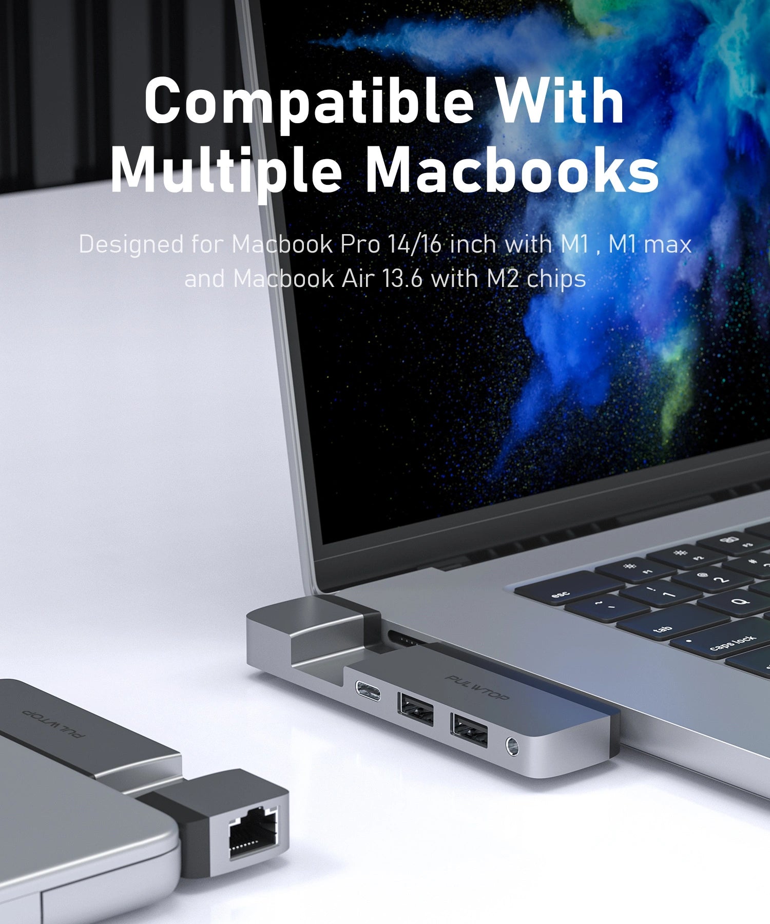 PULWTOP USB C hub for MacBook with multi-function USB C port (supports 5K@60Hz, data transfer, 100W power supply), suitable for M1, M2 MacBook Air/Pro